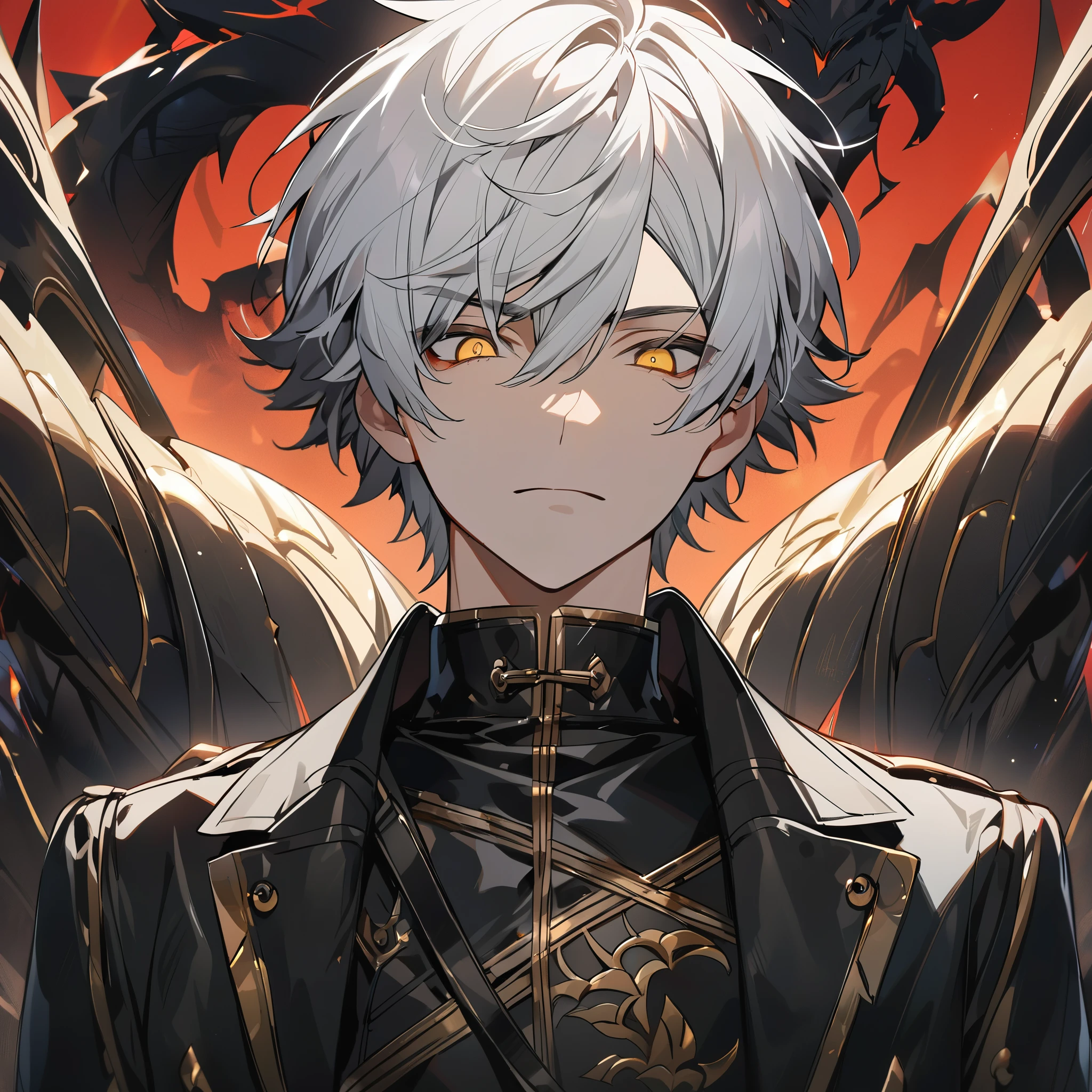 High quality, handsome male, 1male, , teenager, go lining, short white hair, flat cut hair, sharp eyes, gold eyes, devil may cry, close up, calm expression, stoic, black leather clothes, black jacket, upper body, looking at viewer, cowboy shot, black dragon background