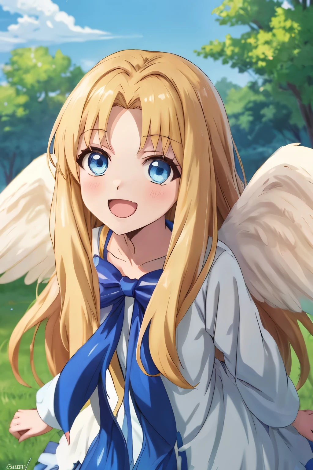 master piece, best quality, 8k, 超High resolution, highest quality, anime style, best writing, beautiful face,OK, anime style girl, Upper body, 1 girl, alone, Happy, white wings, hight dress, blue bow, long hair, blue eyes, looking at the viewer, parted bangs, bent down, turn your arms behind your back, highest quality, High resolution.