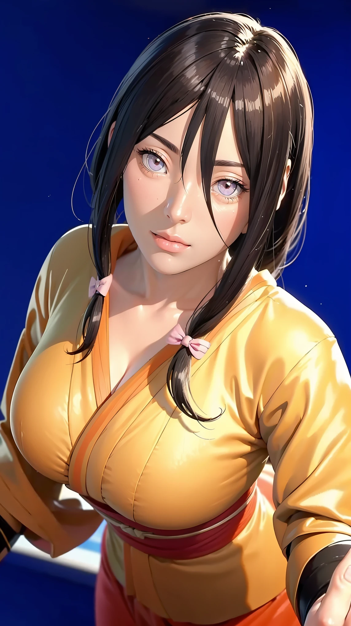 （（（完美figure，figure，orange kimono, obi，hakama skirt，hana，flame print kimono，（（（hyuuga hanabi，low tied long hair，hair bow，Light blue pupils））），S型figure:1.7））），((masterpiece)),high resolution, ((Best quality at best))，masterpiece，quality，Best quality，（（（ Exquisite facial features，looking at the audience,There is light in the eyes，Happy，lol））），（（（Interlacing of light and shadow，））），（（（looking into camera，black background，Exaggerated perspective , ultra wide shot,）））