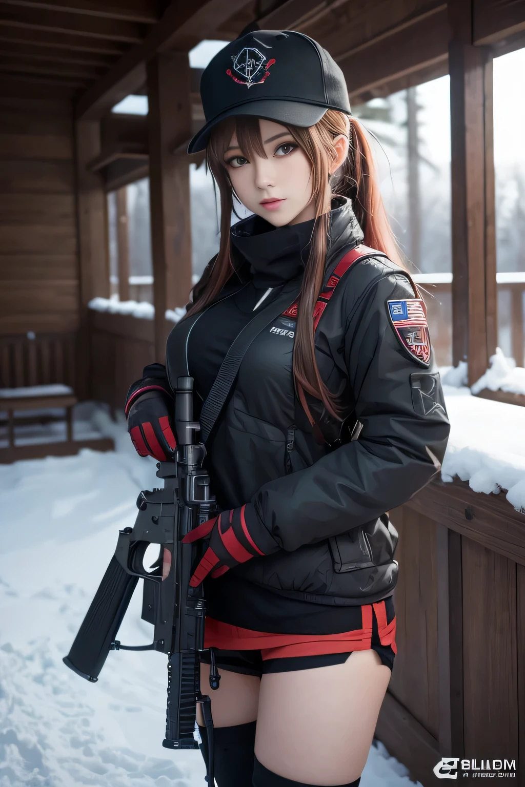 (8k, La mejor calidad, Obra maestra:1.2) personajes de anime labios rojos gruesos y calientes Ojos 4k y cara extremadamente detallados,hermosos ojos azules hermosos ,con pechos enormes muslos hechizantes cuerpo completo sentados en un banco en la nieve con un rifle, Desde NCSOFT, De Girls Frontline, Ilustraciones oficiales HDR,