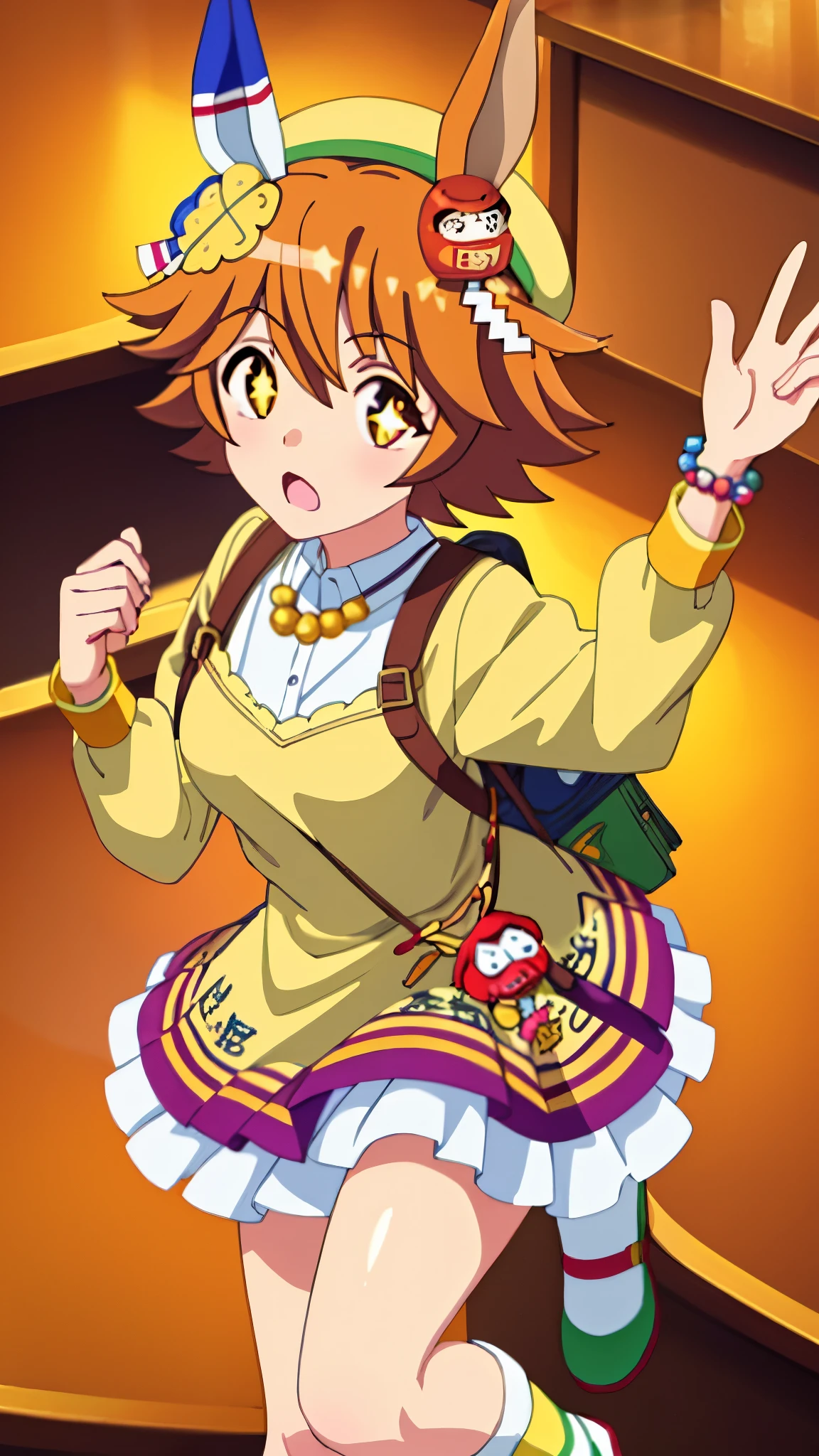 anime,Highquality,bestquality,perfectface,Matikanefukukitaru,1girl, horse tail, horse ears, tail, solo, horse girl, animal ears, +_+, hair ornament, short hair, orange hair, flipped hair, yellow eyes,full armor,official alternate costume, yellow headwear, beret, jewelry, necklace, bag, bag charm, backpack, puffy long sleeves, bead bracelet, collared dress, yellow dress, frills, charm (object), white socks, green shoes