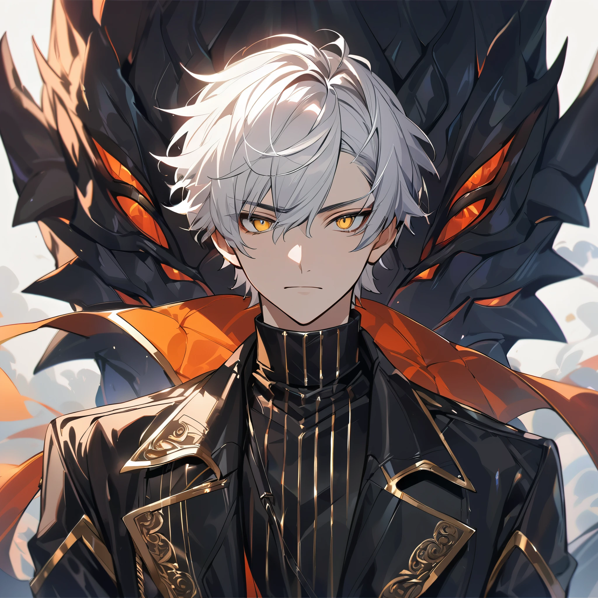 High quality, handsome male, 1male, 17 years old, teenager, golden lining, short white hair, flat cut hair, sharp eyes, gold eyes, devil may cry, close up, calm expression, stoic, black leather clothes, black jacket, upper body, looking at viewer, cowboy shot, black dragon background