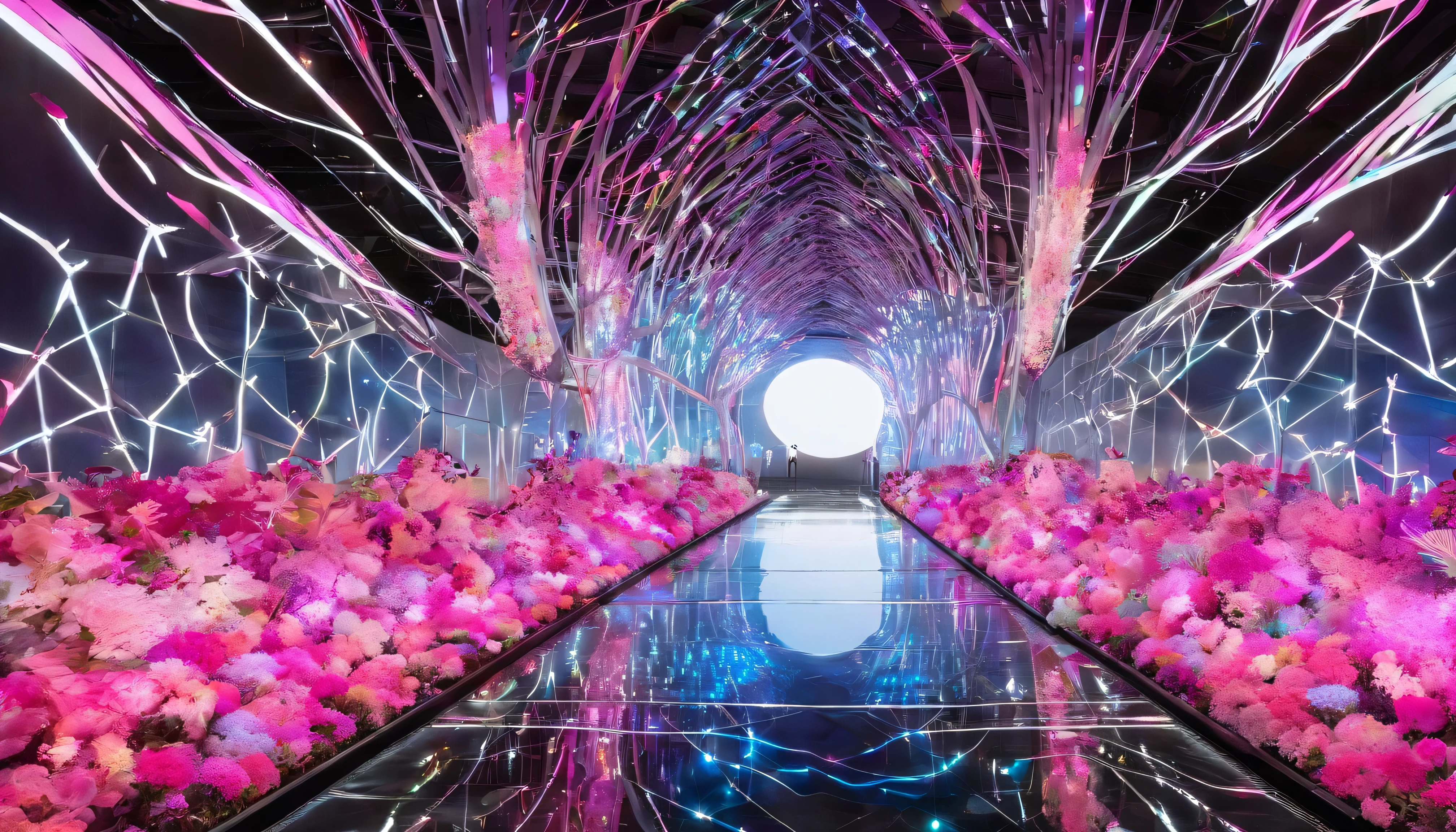 Imagine a digital art space full of fantasy, light and color。この空間teeth、Invite the viewer to another world。壁と床teeth動くデジタル花が咲き乱れるプロジェクションで覆われており、空間の中心にteeth巨大な光の彫刻が浮かんでいます。people visiting々々teeth、It&#39;s like having a dialogue with this work of art.、Walk along the path of light that changes color and shape。The whole space becomes one with music and light.、people visiting々々～provide a unique experience to。プロンプトteeth、This fantastic space is a sculpture of light.、Moving flowers、Photographed through participatory digital art.。teamlab、mirror、