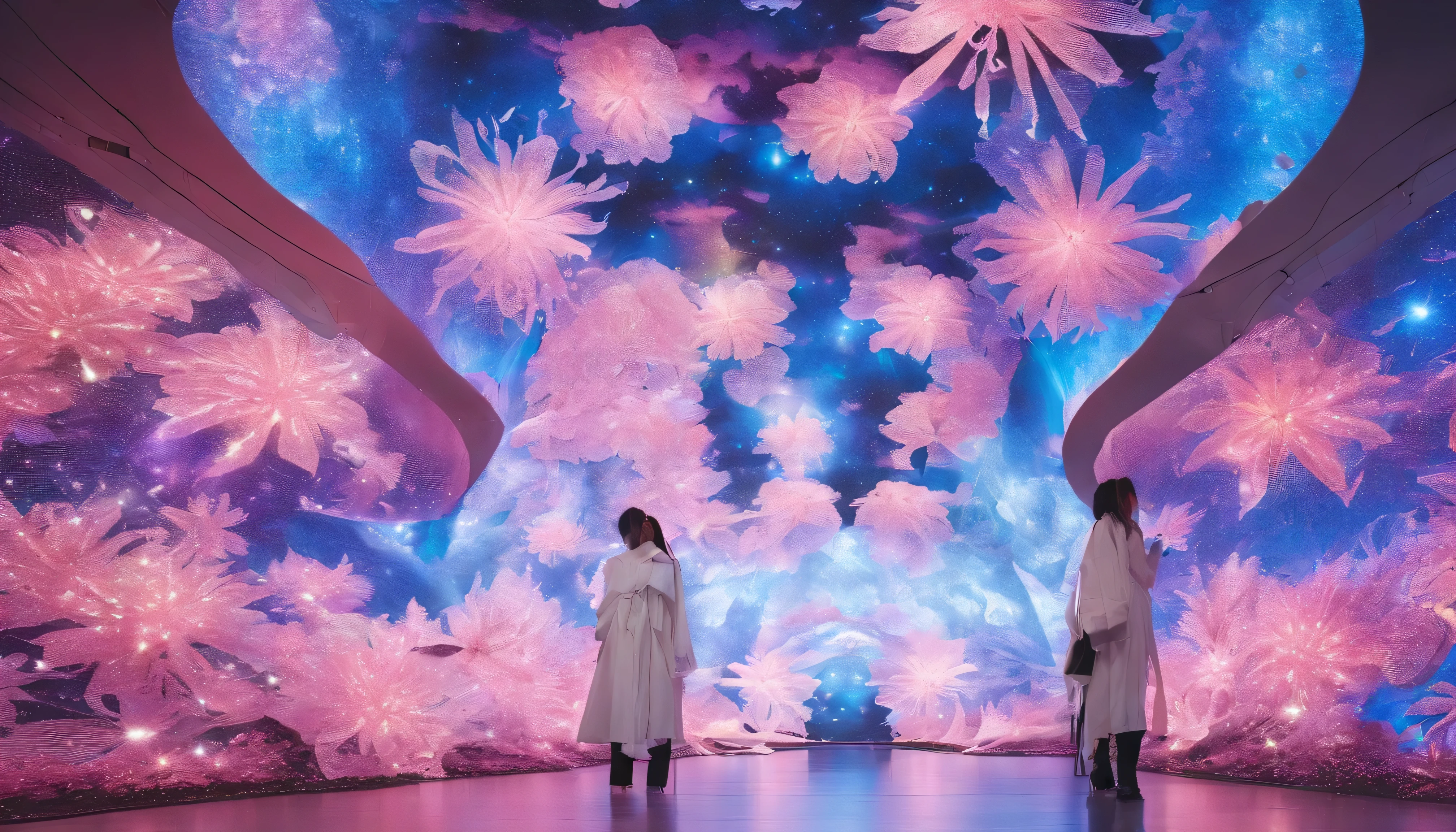 Imagine a digital art space full of fantasy, light and color。この空間teeth、Invite the viewer to another world。壁と床teeth動くデジタル花が咲き乱れるプロジェクションで覆われており、空間の中心にteeth巨大な光の彫刻が浮かんでいます。people visiting々々teeth、It&#39;s like having a dialogue with this work of art.、Walk along the path of light that changes color and shape。The whole space becomes one with music and light.、people visiting々々～provide a unique experience to。プロンプトteeth、This fantastic space is a sculpture of light.、Moving flowers、Photographed through participatory digital art.。teamlab、mirror、