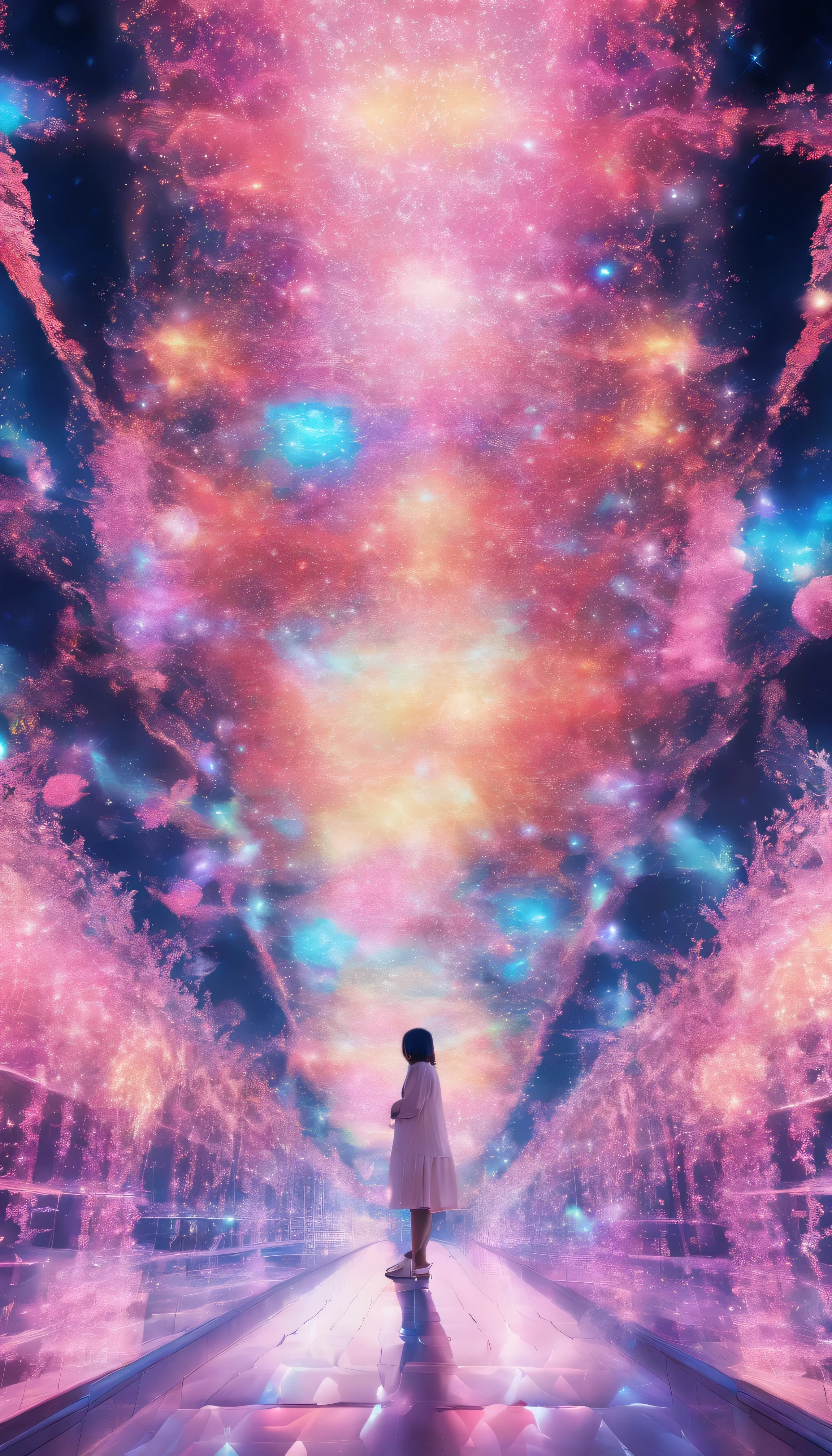 Imagine a digital art space full of fantasy, light and color。この空間teeth、Invite the viewer to another world。壁と床teeth動くデジタル花が咲き乱れるプロジェクションで覆われており、空間の中心にteeth巨大な光の彫刻が浮かんでいます。people visiting々々teeth、It&#39;s like having a dialogue with this work of art.、Walk along the path of light that changes color and shape。The whole space becomes one with music and light.、people visiting々々～provide a unique experience to。プロンプトteeth、This fantastic space is a sculpture of light.、Moving flowers、Photographed through participatory digital art.。teamlab、mirror、