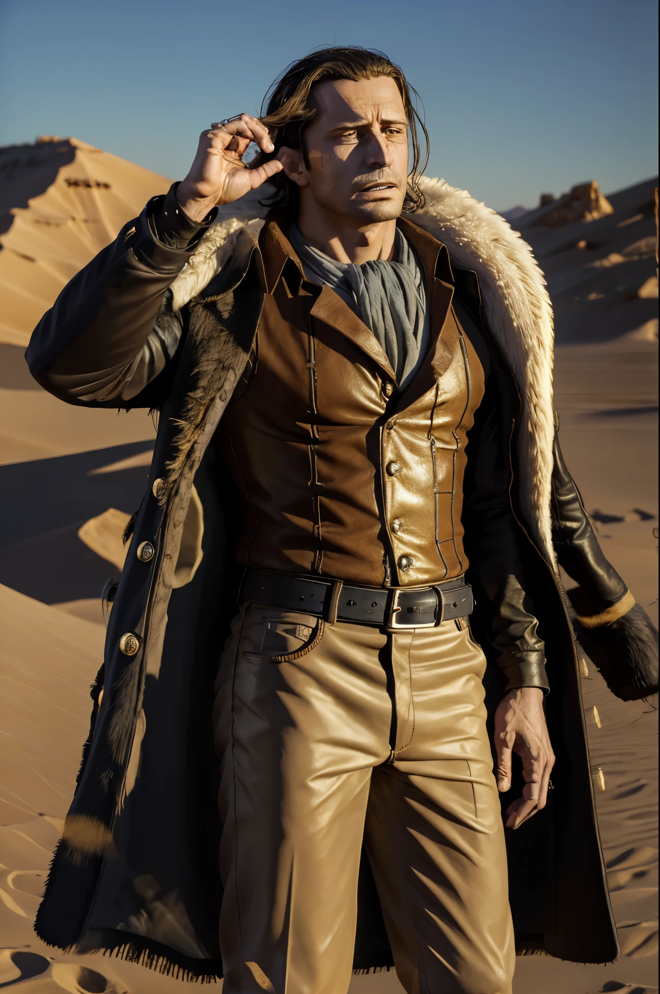 masterpiece, best quality, extremely detailed, hyperrealistic, photorealistic, a cool 40s man, ultra detailed face:1.2, fur-trimmed coat, scarf around the neck, his left hand is a golden pirate hook:1.1, desert, dynamic pose
