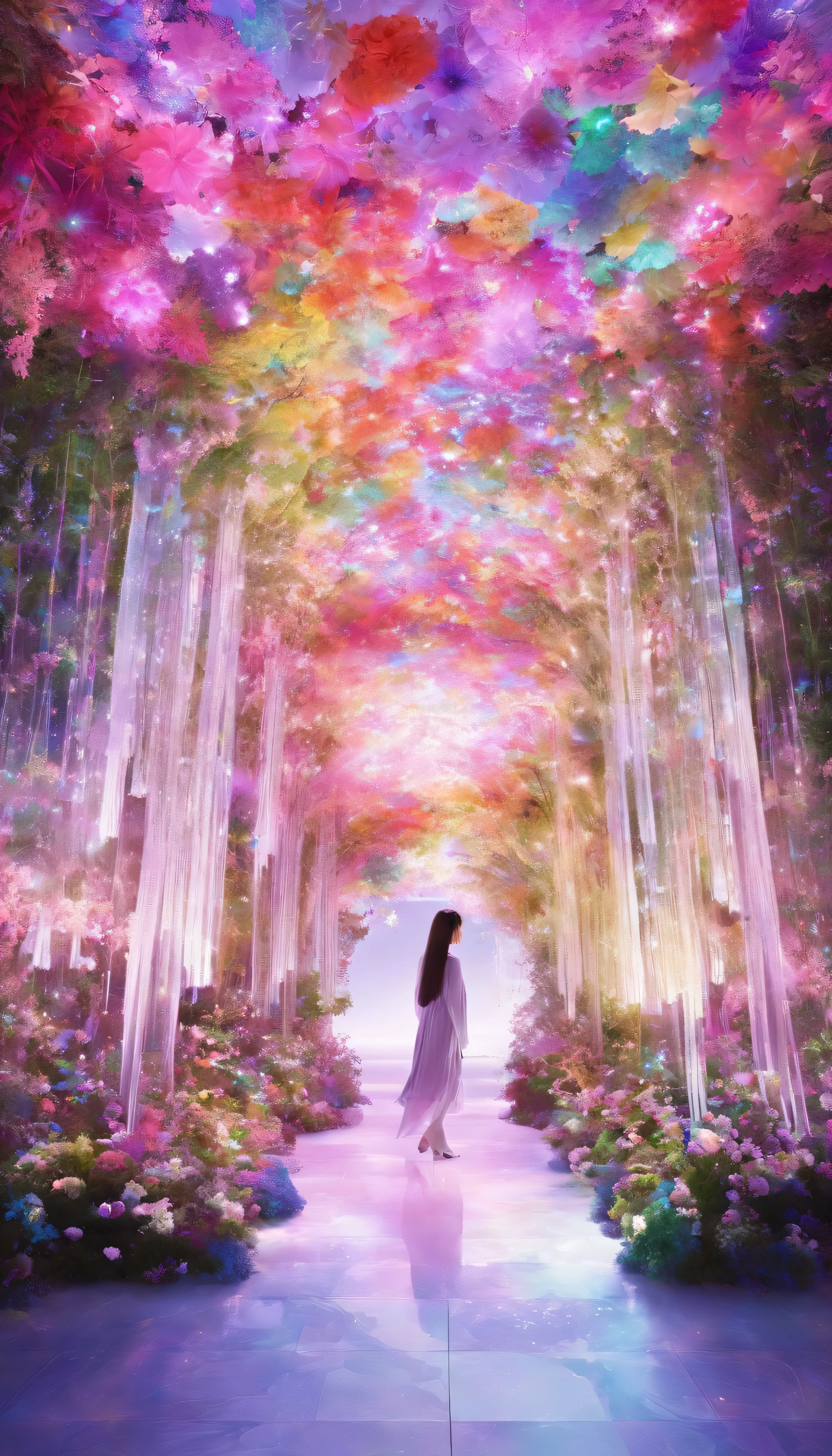 Imagine a digital art space full of fantasy, light and color。この空間teeth、Invite the viewer to another world。壁と床teeth動くデジタル花が咲き乱れるプロジェクションで覆われており、空間の中心にteeth巨大な光の彫刻が浮かんでいます。people visiting々々teeth、It's like having a dialogue with this work of art.、Walk along the path of light that changes color and shape。The whole space becomes one with music and light.、people visiting々々~provide a unique experience to。プロンプトteeth、This fantastic space is a sculpture of light.、Moving flowers、Photographed through participatory digital art.。teamlab、mirror、