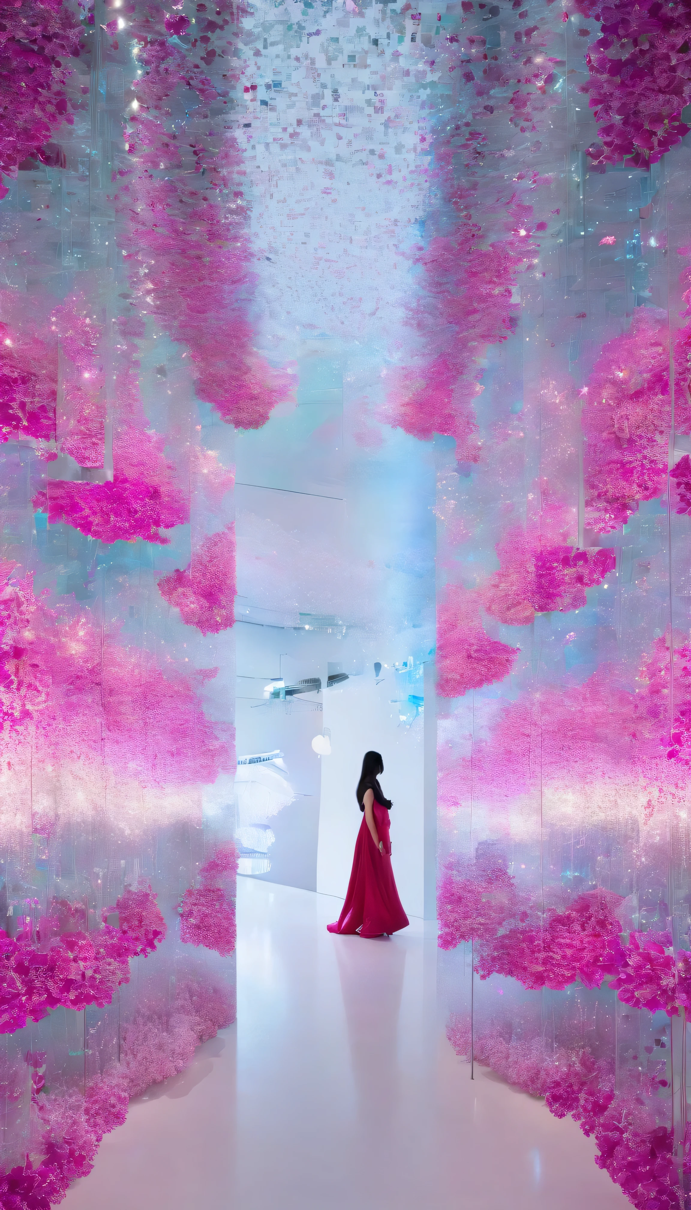 Imagine a digital art space full of fantasy, light and color。この空間teeth、Invite the viewer to another world。壁と床teeth動くデジタル花が咲き乱れるプロジェクションで覆われており、空間の中心にteeth巨大な光の彫刻が浮かんでいます。people visiting々々teeth、It's like having a dialogue with this work of art.、Walk along the path of light that changes color and shape。The whole space becomes one with music and light.、people visiting々々~provide a unique experience to。プロンプトteeth、This fantastic space is a sculpture of light.、Moving flowers、Photographed through participatory digital art.。teamlab、mirror、