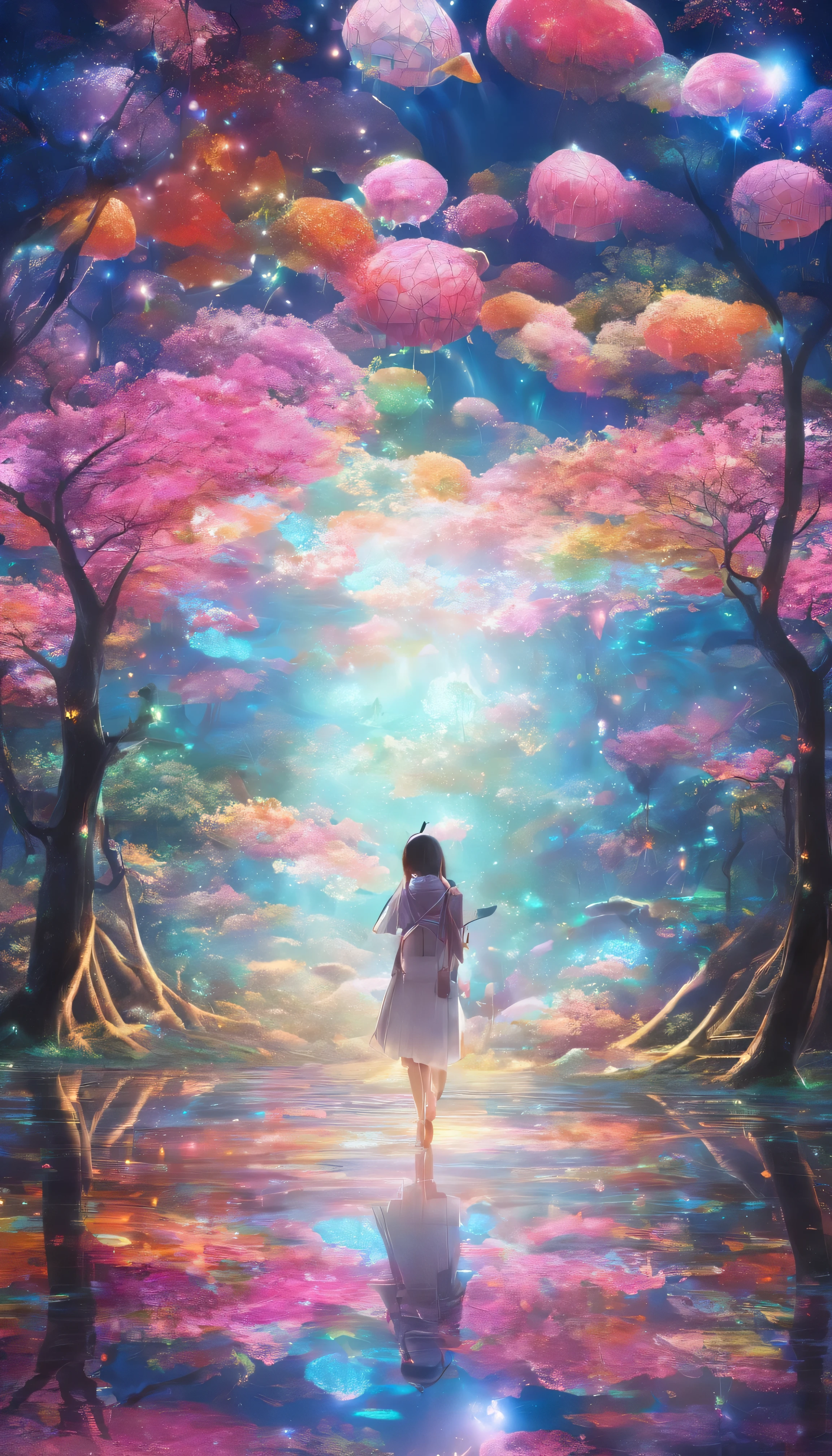 Imagine a digital art space full of fantasy, light and color。この空間teeth、Invite the viewer to another world。壁と床teeth動くデジタル花が咲き乱れるプロジェクションで覆われており、空間の中心にteeth巨大な光の彫刻が浮かんでいます。people visiting々々teeth、It's like having a dialogue with this work of art.、Walk along the path of light that changes color and shape。The whole space becomes one with music and light.、people visiting々々~provide a unique experience to。プロンプトteeth、This fantastic space is a sculpture of light.、Moving flowers、Photographed through participatory digital art.。teamlab、mirror、
