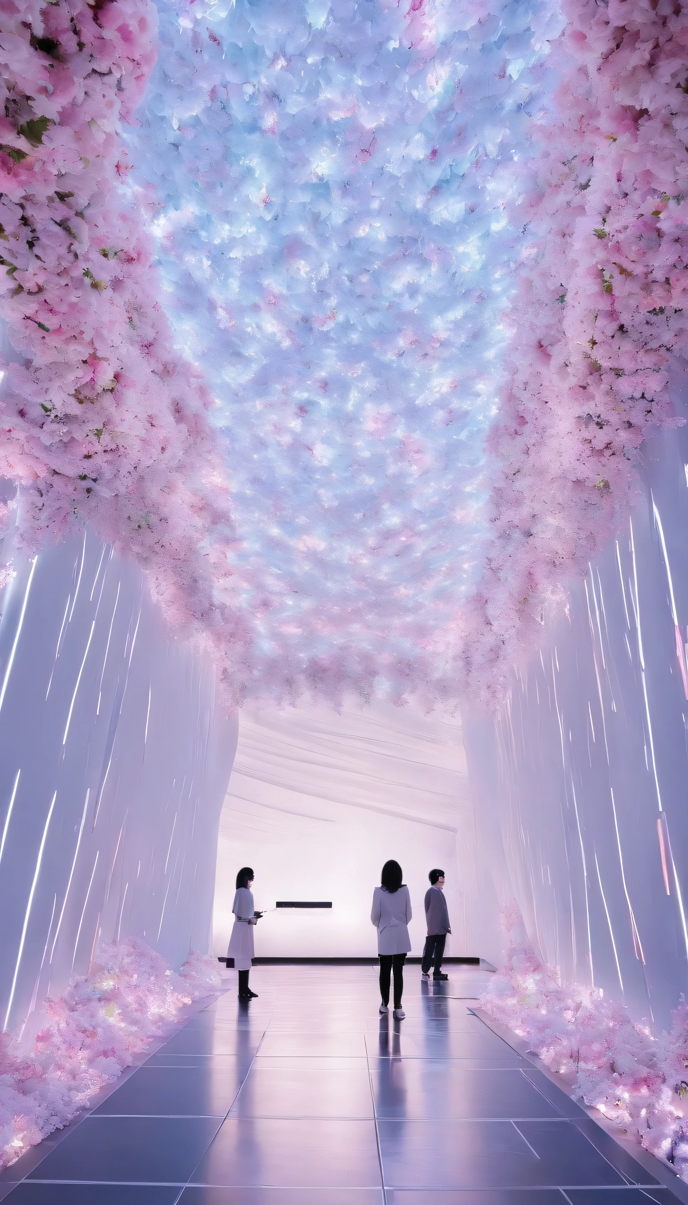 Imagine a digital art space full of fantasy, light and color。この空間teeth、Invite the viewer to another world。壁と床teeth動くデジタル花が咲き乱れるプロジェクションで覆われており、空間の中心にteeth巨大な光の彫刻が浮かんでいます。people visiting々々teeth、It's like having a dialogue with this work of art.、Walk along the path of light that changes color and shape。The whole space becomes one with music and light.、people visiting々々~provide a unique experience to。プロンプトteeth、This fantastic space is a sculpture of light.、Moving flowers、Photographed through participatory digital art.。teamlab、mirror、