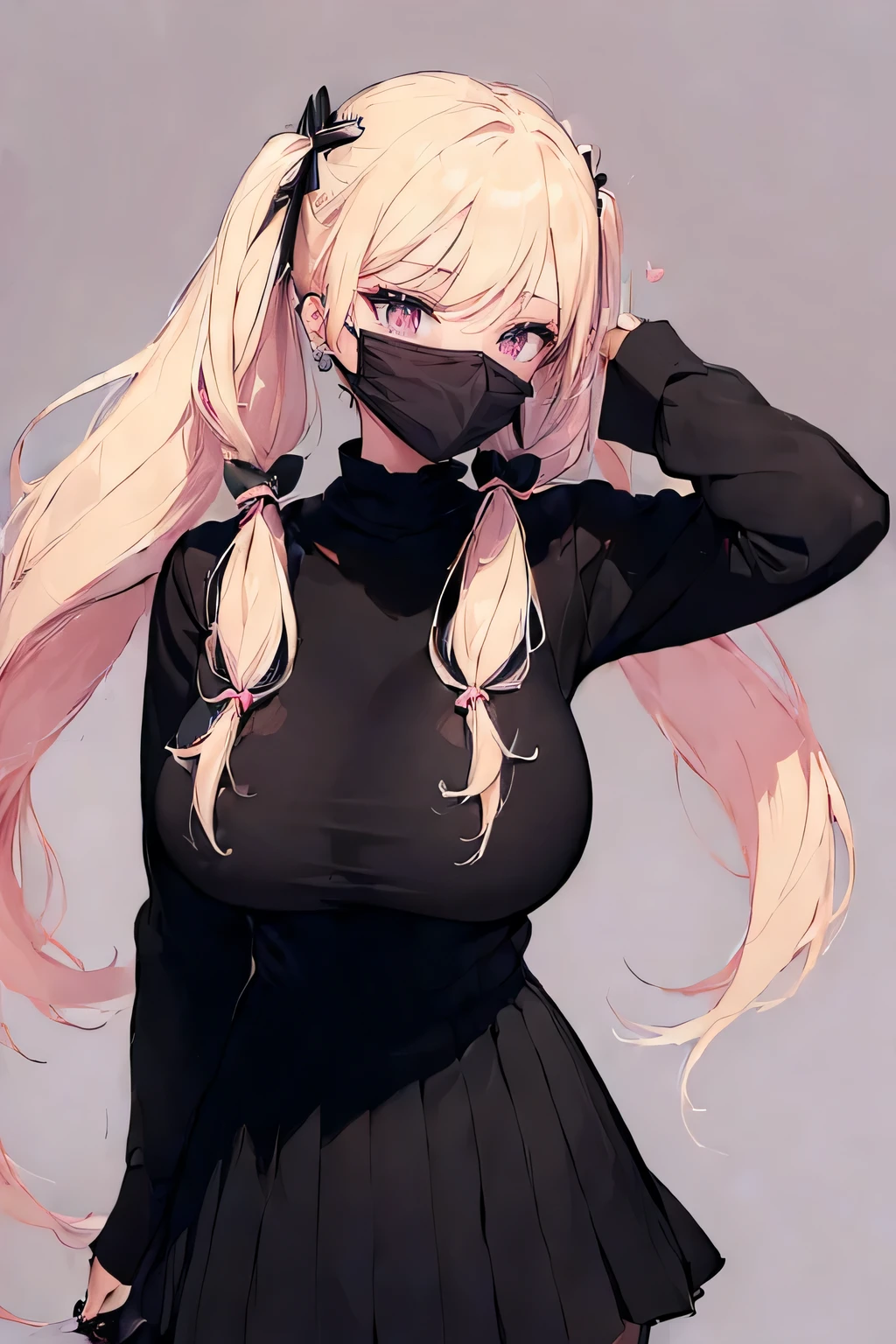 ((masterpiece, Highest_quality:1.8)),16k,ultra high resolution,alone,super detailed, detailed face,fine eyes,very cute and beautiful girl ,thin waist,perfect beautiful eyes,perfect cute face:1 Beautiful woman with perfect figure:1.8,thin legs,beautiful feet,fine clothes,casual dress,hugeな_chest:.1.8,huge_chest:.1.8,huge_tits:.1.8,hugeな_tits:.1.8,hugeな_:1.8,japanese girl,The image must be hyper anime style, dynamic pose,avant-garde,jirai keir,((black mouth mask)) 1 girl,alone,blonde hair,twin tails,long hair,pink inner hair,black ribbon,black skirt,ear earrings,frills,Pale pink eyes,heart,jewelry,jirai kei,long sleeve,earrings,pink shirt,ribbon,shirt,shirt tucked in,simple background,cowboy shot,