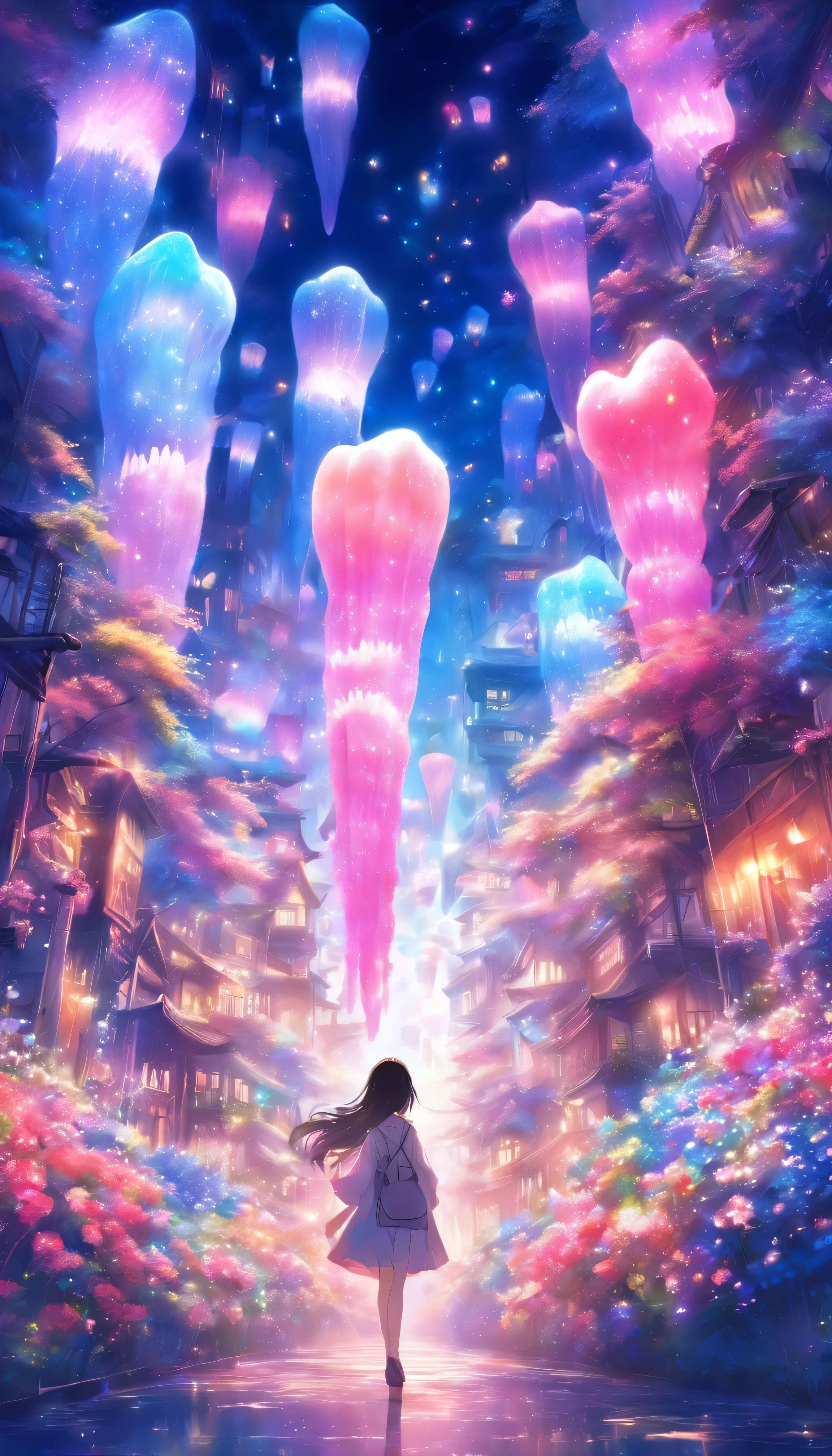 Imagine a digital art space full of fantasy, light and color。この空間teeth、Invite the viewer to another world。壁と床teeth動くデジタル花が咲き乱れるプロジェクションで覆われており、空間の中心にteeth巨大な光の彫刻が浮かんでいます。people visiting々々teeth、It's like having a dialogue with this work of art.、Walk along the path of light that changes color and shape。The whole space becomes one with music and light.、people visiting々々~provide a unique experience to。プロンプトteeth、This fantastic space is a sculpture of light.、Moving flowers、Photographed through participatory digital art.。teamlab、mirror、