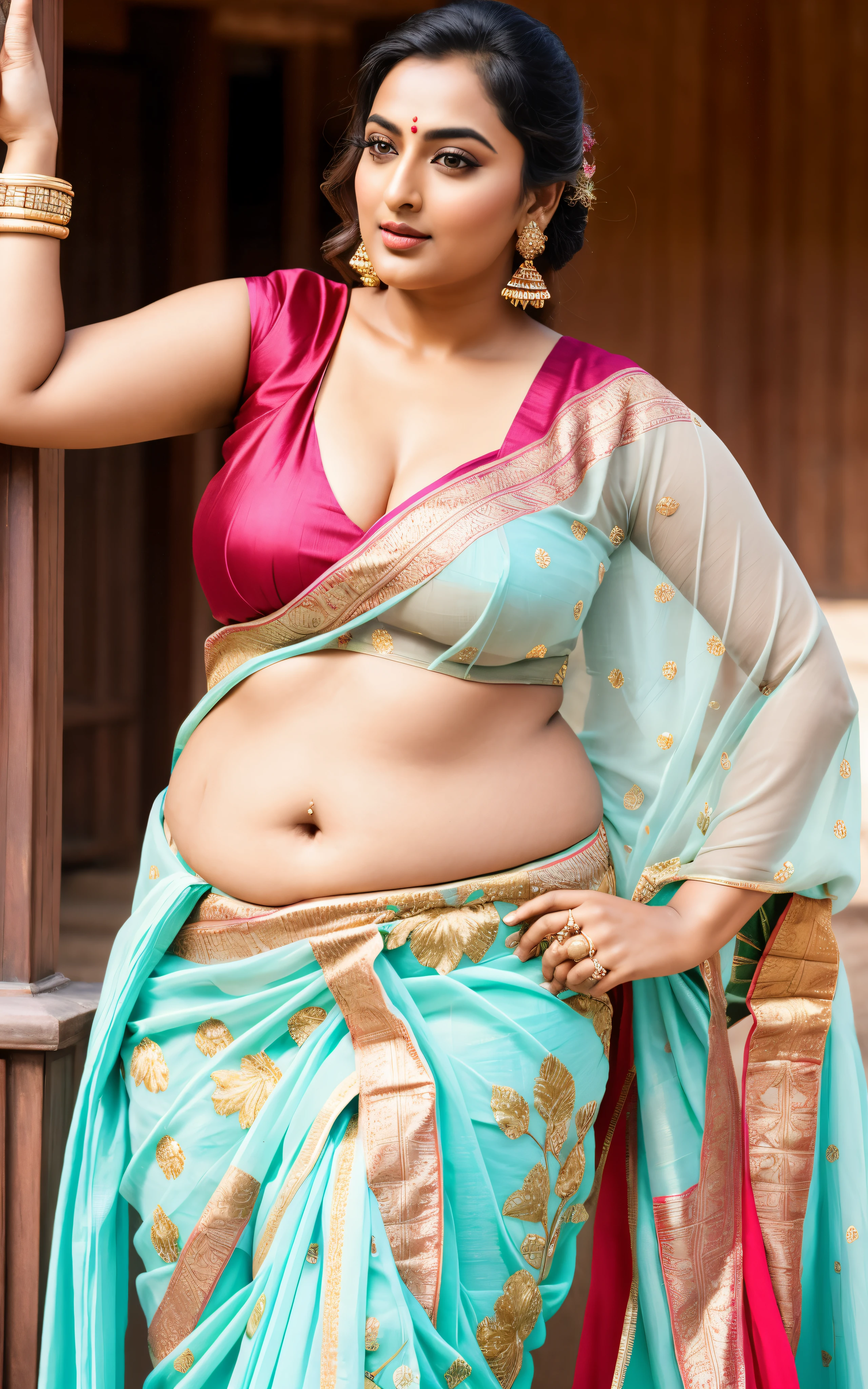 Foto RAW, photorealistic, photography, full body shot, master shot, goddess like beauty, perfect thick chubby mallu Desi aunty bhabhi, Wearing a Stanapatta, a chest-band.Saree model, model Photography, Indian saree shoot, Indian traditional wear advertising photography, traditional wear brand shoot, face of Indian actress Sonakshi Sinha, masterpiece, realistic, realism, incredible details, sensual pleasure, photorealism, detailed skin, skin pores, high contrast, photorealistic Artstation 8k HD digital art trend of high definition and detailed realistic skin texture, ultra detail, realistic skin texture, armature, best quality, ultra high definition, (photorealistic:1.4),, high resolution, detail, raw photo, Re sharp, by Lee Jefferies Nikon D850 Film Stock Photo 4 Kodak Portra 400 Camera F1.6 Lens Rich Color Ultra Real Realistic Realistic Textures Dramatic Lighting Unreal Engine Trending at Art Station Cinestill 800,(pele altamente detalhada: 1.2), 8k UHD, DSLR, soft-lighting, alta qualidade, grain of film, Fujifilm XT3,she didn't like to wear blouse or bra, she is happy to wear only saree, she hates blouse or bra,
