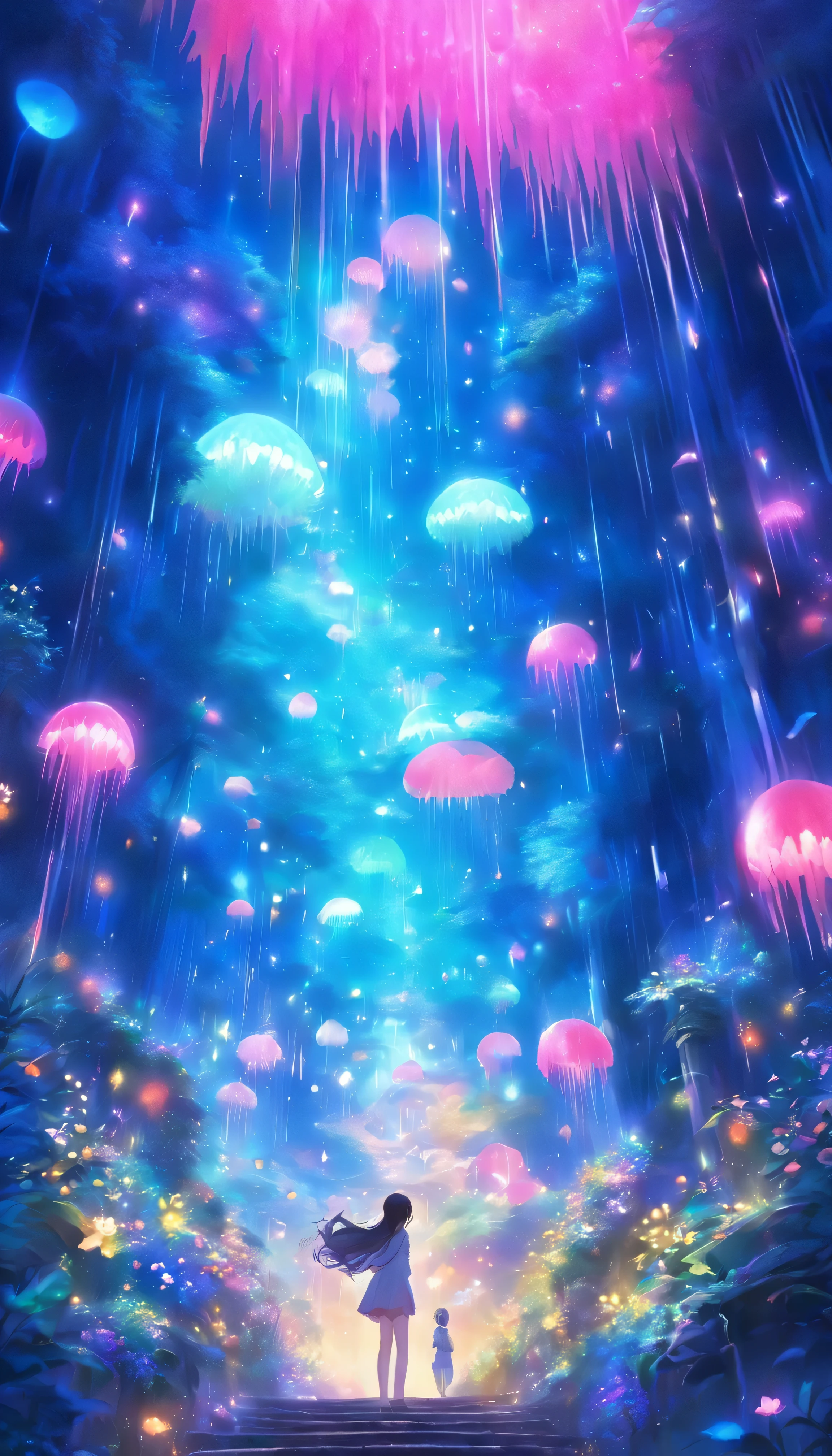 Imagine a digital art space full of fantasy, light and color。この空間teeth、Invite the viewer to another world。壁と床teeth動くデジタル花が咲き乱れるプロジェクションで覆われており、空間の中心にteeth巨大な光の彫刻が浮かんでいます。people visiting々々teeth、It's like having a dialogue with this work of art.、Walk along the path of light that changes color and shape。The whole space becomes one with music and light.、people visiting々々~provide a unique experience to。プロンプトteeth、This fantastic space is a sculpture of light.、Moving flowers、Photographed through participatory digital art.。teamlab、mirror、