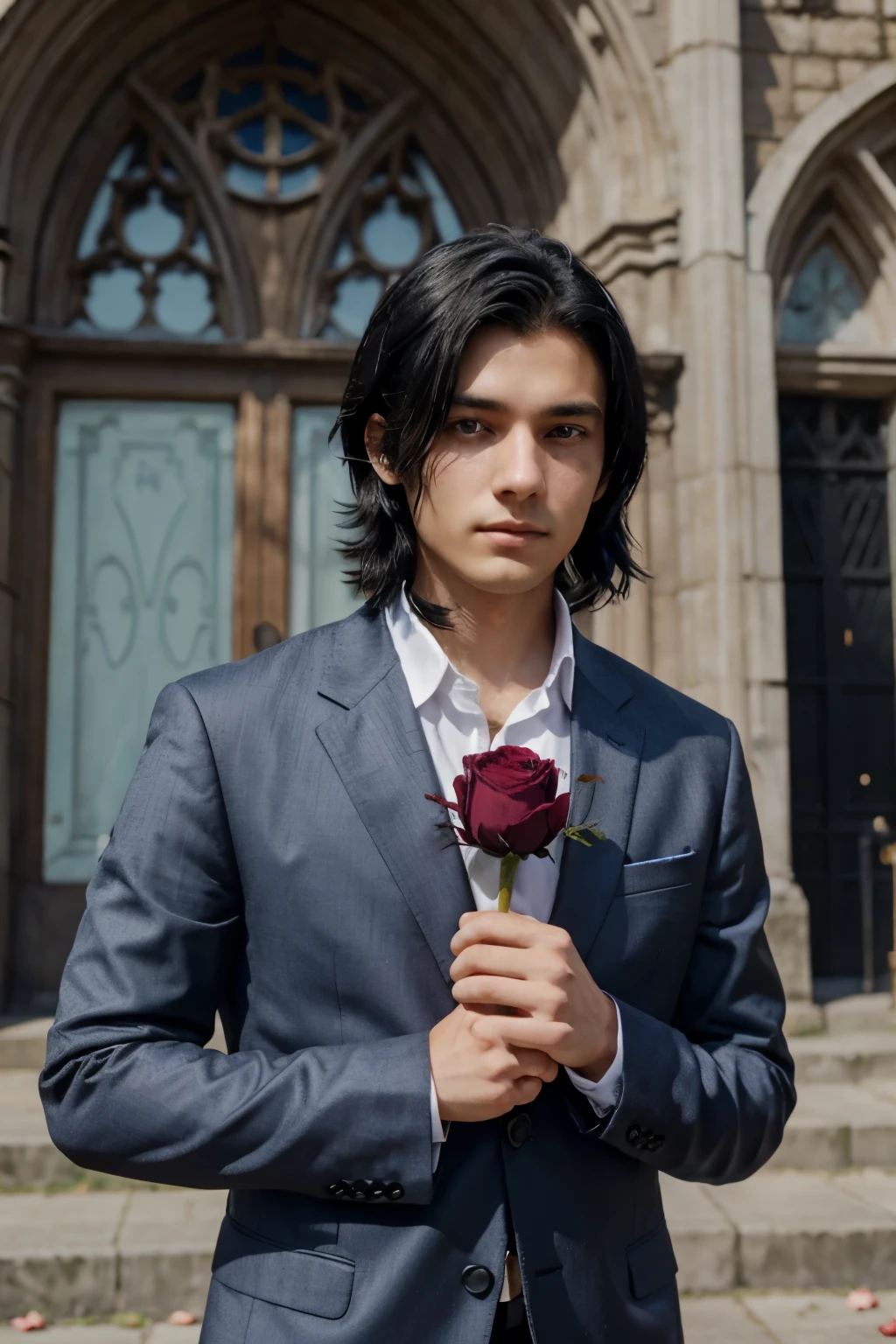 black hair, wearing a toxido suit, a young man, holding a rose flower in her hand in front of the church, a blue eyes with cool face in a anime realistic figured