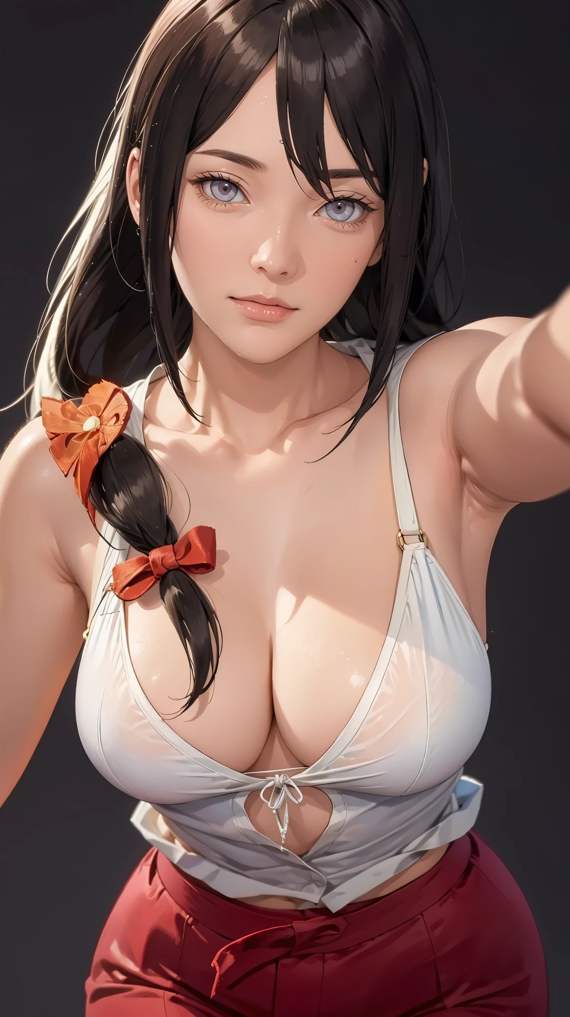 （（（完美figure，figure，orange kimono, obi，hakama skirt，hana，flame print kimono，（（（hyuuga hanabi，low tied long hair，hair bow，Light blue pupils））），S型figure:1.7））），((masterpiece)),high resolution, ((Best quality at best))，masterpiece，quality，Best quality，（（（ Exquisite facial features，looking at the audience,There is light in the eyes，Happy，lol））），（（（Interlacing of light and shadow，））），（（（looking into camera，black background，）））