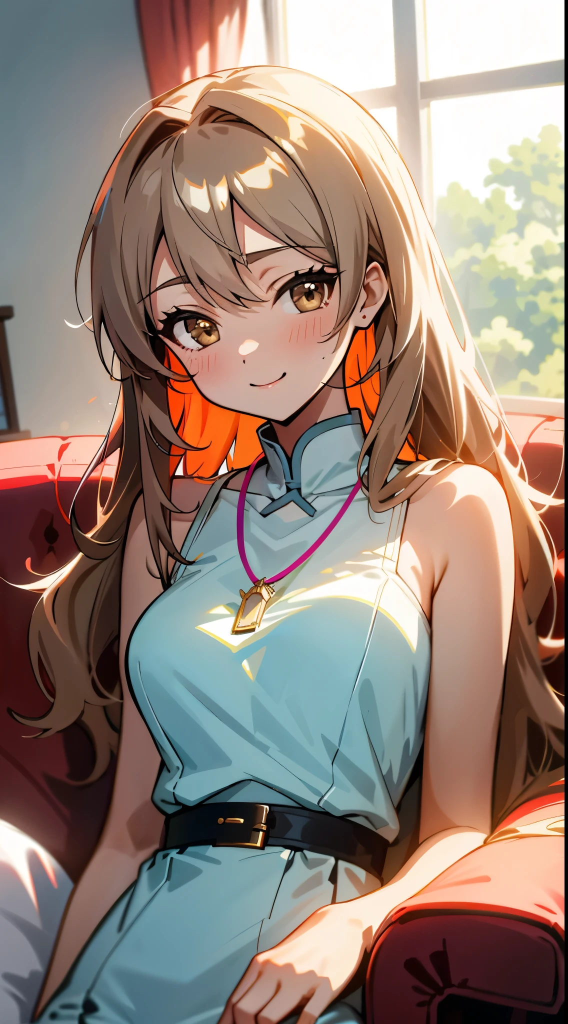 cute, Sexy, device, highest quality,beautiful, anime style, dynamic angle, Upper body,  whole body concentration, Western-style room, sofa, morning, cute, 1 girl, alone,  beautiful light brown hair, beautiful紫のbeautiful目,  long hair, transparent hair, translucent hair, big and full breasts, necklace, smile, Lens flare, shiny, Glossy skin