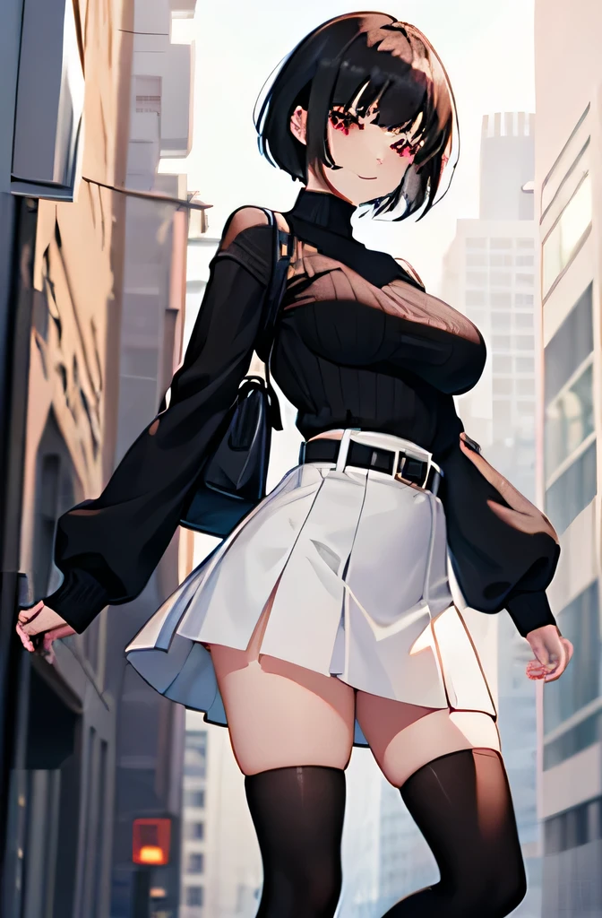 girl,
,
short hair,
black hair,
Bran Bangs,
red eyes,
smile,
big breasts,
White Ribbed Sweater,
black strap mini skirt,
black knee socks,
brown leather boots,
