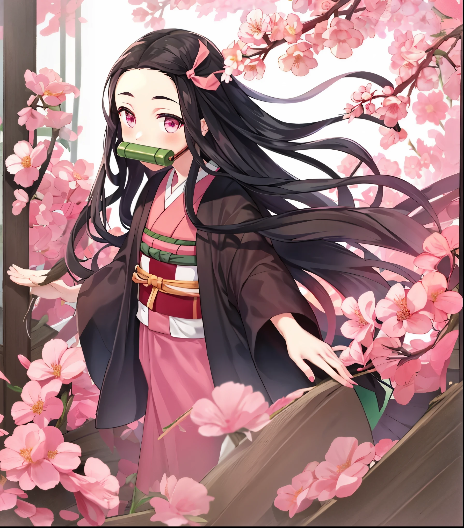 Nezuko kamado, pink flowers, bit gag, gagged, 1girl in, A dark-haired, Mouth closed, brow, Hair Ribbon, Pink eyes, Pink kimono, Pink Nails, Pink ribbon
