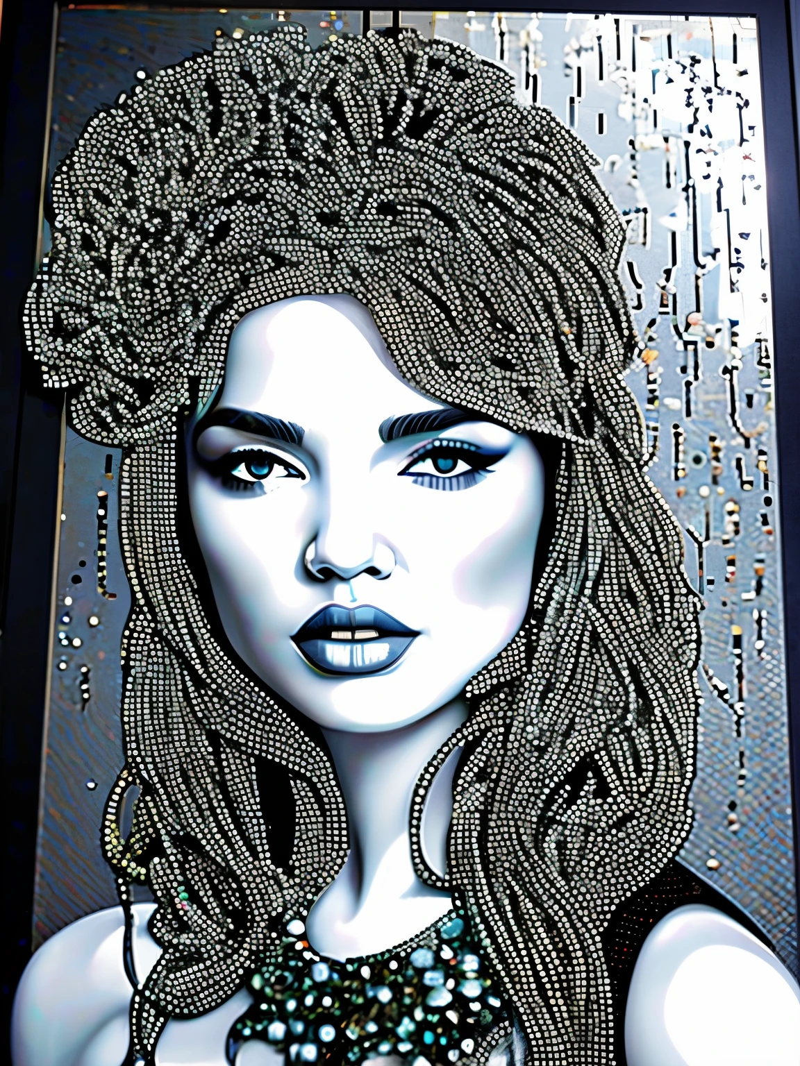 （best quality，4K，masterpiece：1.2），super detailed，Create a three-dimensional pixelated portrait in white，pixel art，in style of Hippie fashion design, portrait, beautiful detailed，beautiful girl，Australian artist Gil Bruve，black and white