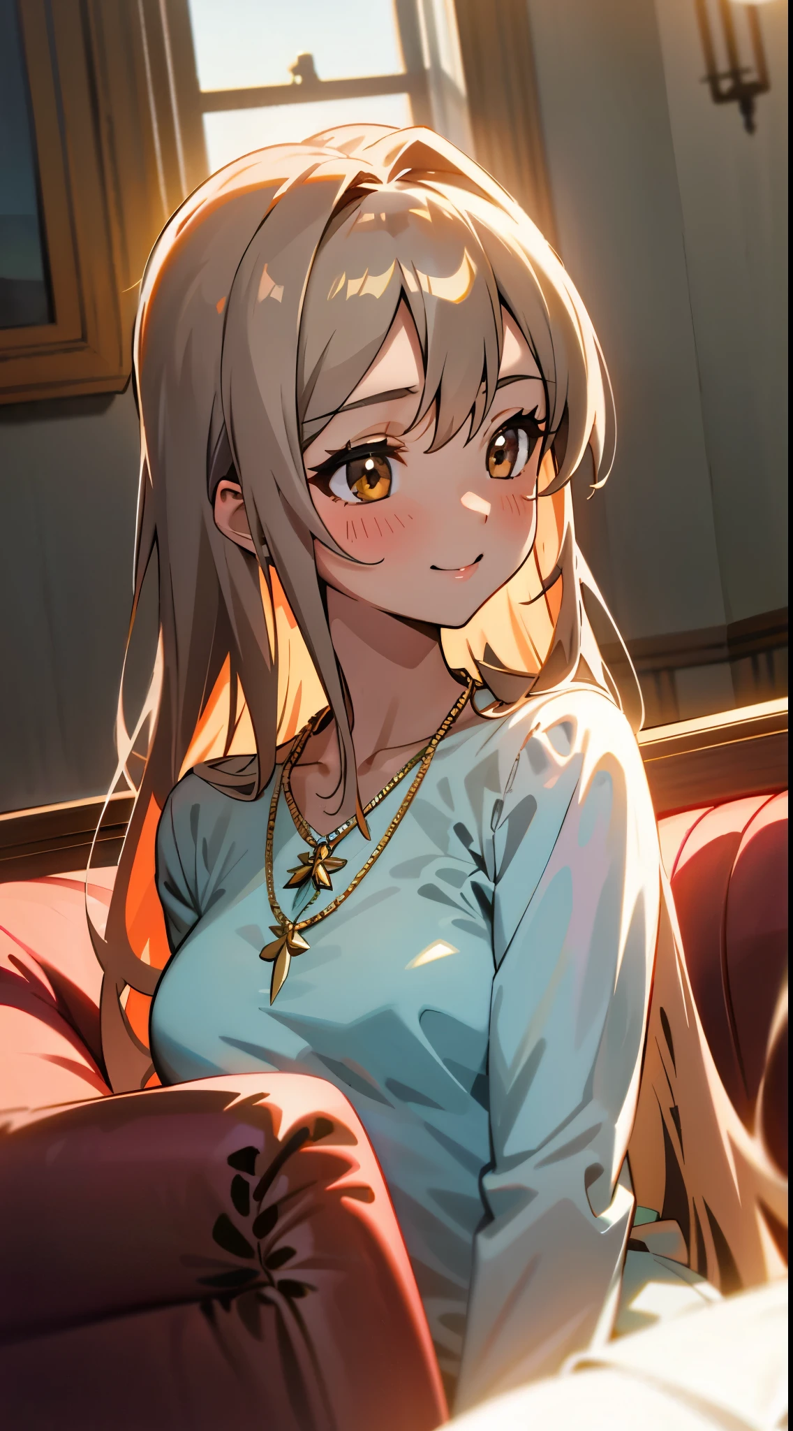 cute, Sexy, device, highest quality,beautiful, anime style, dynamic angle, Upper body,  whole body concentration, Western-style room, sofa, morning, cute, 1 girl, alone,  beautiful light brown hair, beautiful紫のbeautiful目,  long hair, transparent hair, translucent hair, big and full breasts, necklace, smile, Lens flare, shiny, Glossy skin