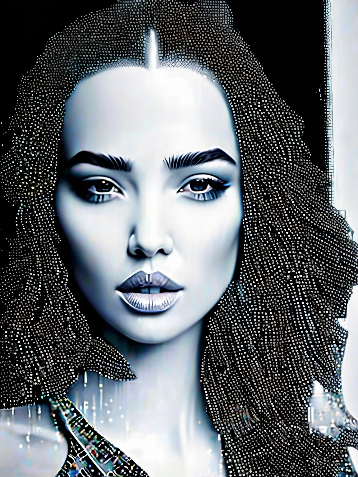 （best quality，4K，masterpiece：1.2），super detailed，Create a three-dimensional pixelated portrait in white，pixel art，in style of Hippie fashion design, portrait, beautiful detailed，beautiful girl，Australian artist Gil Bruve，black and white