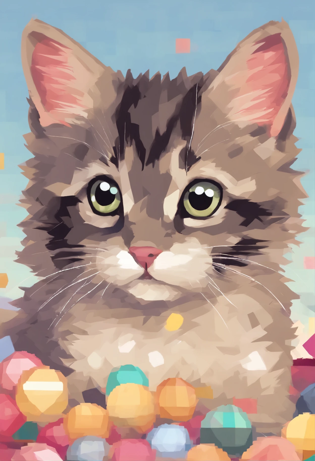 (best quality,4k,8k,highres,masterpiece:1.2),ultra-detailed,(realistic,photorealistic,photo-realistic:1.37),cute pixelated style kitten,tiny eyes,playful expression,paw pads,fluffy ears,grass background,toy mouse,soft fur,whiskers,curious,adorable face,naive stare,lovely kitten,playful pose,colorful palette,soft lighting,impressionistic details,toy ball,happy tail twitch,playful mischief,vibrant colors,delicate strokes,innocent charm,subtle shading,tiled patterns,retro feel,tiny nose,big personality,vivid hues,tufted fur,feline cuteness,mischievous grin,lovable mischief,quirky charm,irresistible playfulness,dreamy background,square pixels,cartoonish style,pixilated charm,whimsical touch