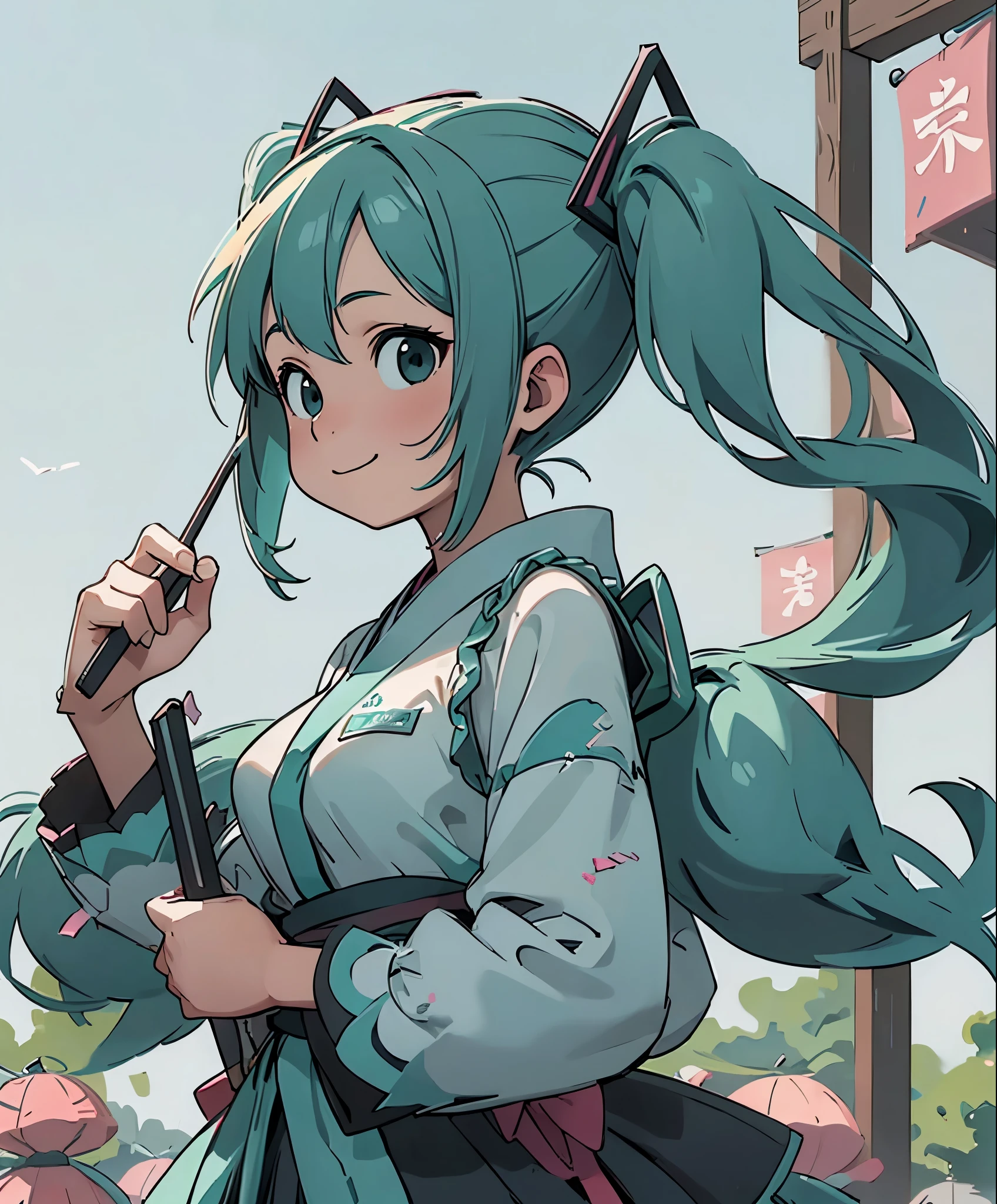 (masterpiece、highest quality、highest quality、official art、beautiful beautiful:1.2)、(1 girl:1.3)Hatsune Miku、twin tails,big breastasterpiece), (highest quality), ultra high resolution, sharp focus, ((1 female, alone)), Upper body, Hatsune Miku,beat the Japanese drum,Similarly,Sarashi,stand in a position of honor, perfect feminine face,stage,beautiful breasts,sly smile