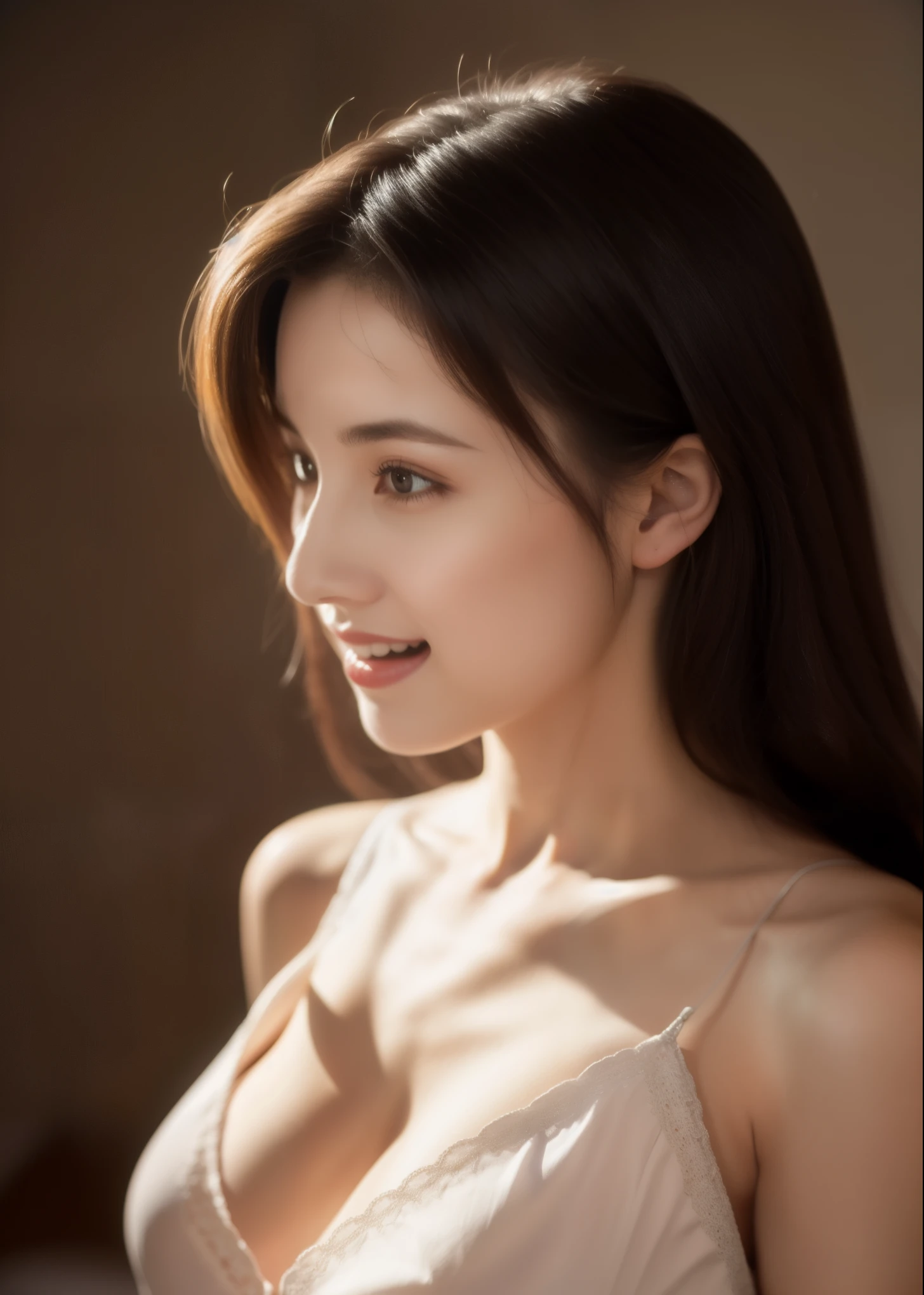 beautiful 23 year old woman. She is a little thinner than the standard figure. she is wearing a satin fabric camisole, She looks ecstatic as if she had an during sex. hdark brown hair is braided. High resolution、masterpiece、highest quality.((Hasselblad Photos))、fine skin、fine knit、(movie lighting)、clavicle .