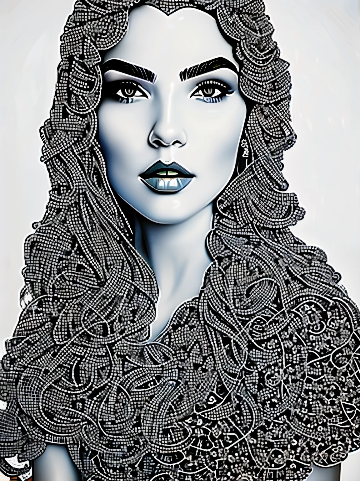 （best quality，4K，masterpiece：1.2），super detailed，Create a three-dimensional pixelated portrait in white，pixel art，in style of Hippie fashion design, portrait, beautiful detailed，beautiful girl，Australian artist Gil Bruve，black and white