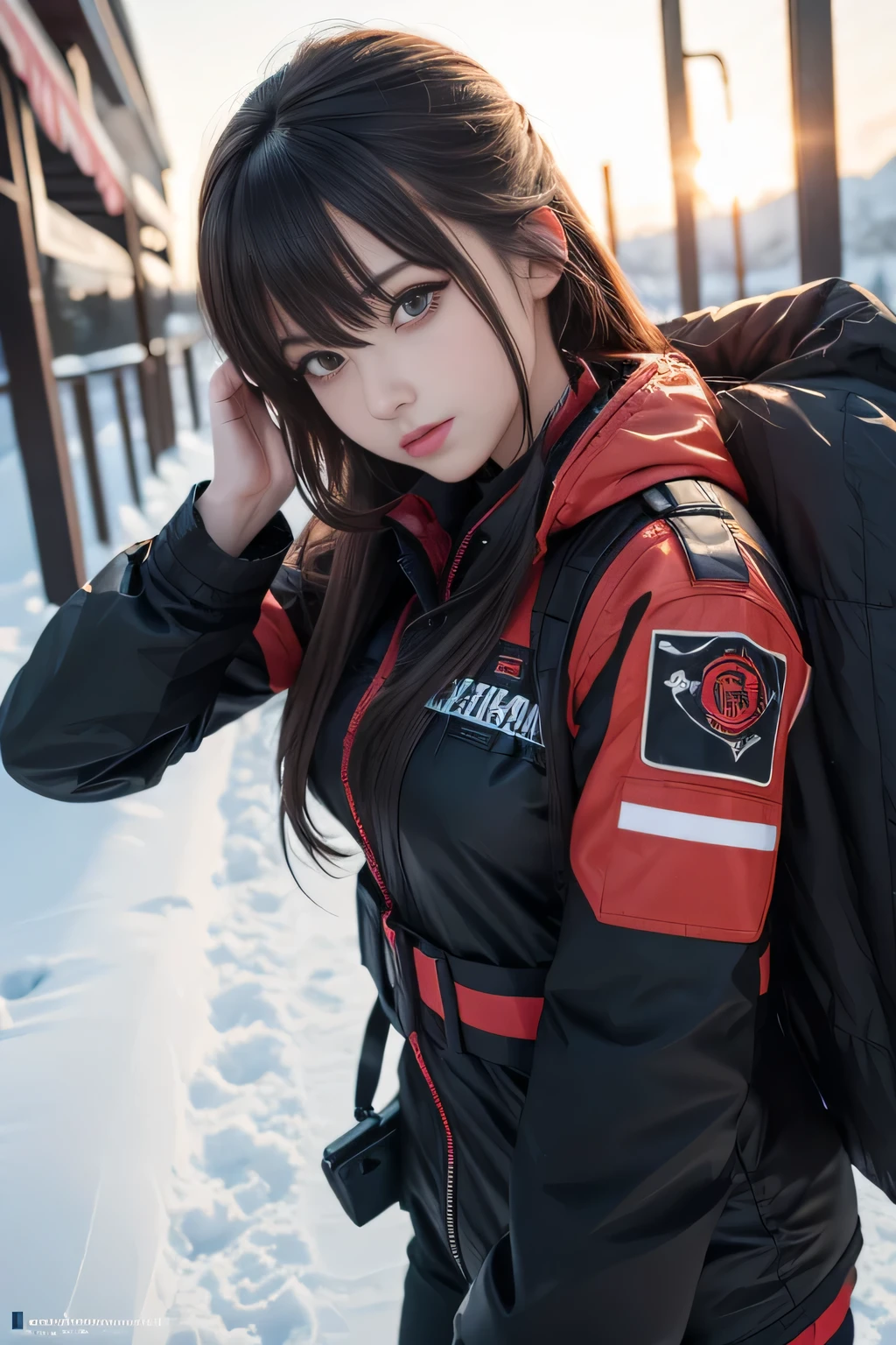 (Highest image quality, outstanding details, ultra-high resolution), 1 girl, wearing futuristic military outfit((inspired by snow boarding wears, military harness, military gears such as pouches)), (glamour body:1.2, buffed and muscular body), (a bit chubby:0.5, plump lower body), background military base, bright smile with pleasure and excitement, dynamic pose, dramatic lighting,