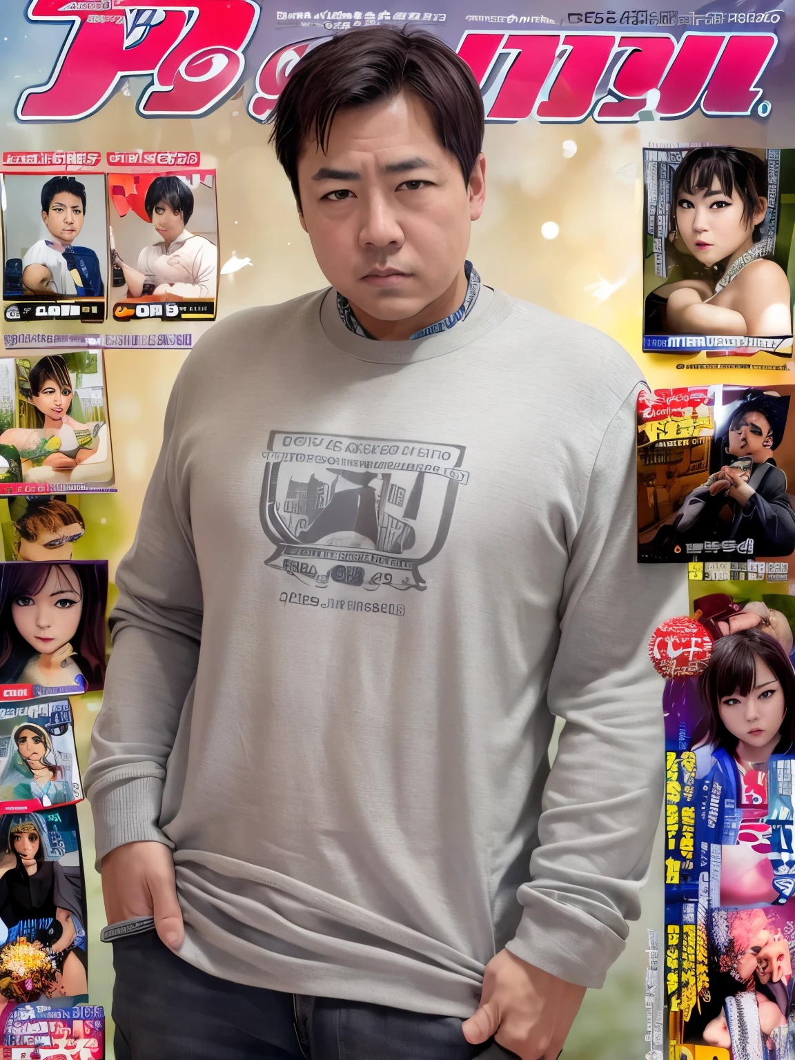 (masterpiece, highest quality), (gray eyes), Are standing, 1 boy, alone, thick eyebrows,short hair, looking at viewer, cover, realistic, text focus, magazine cover,