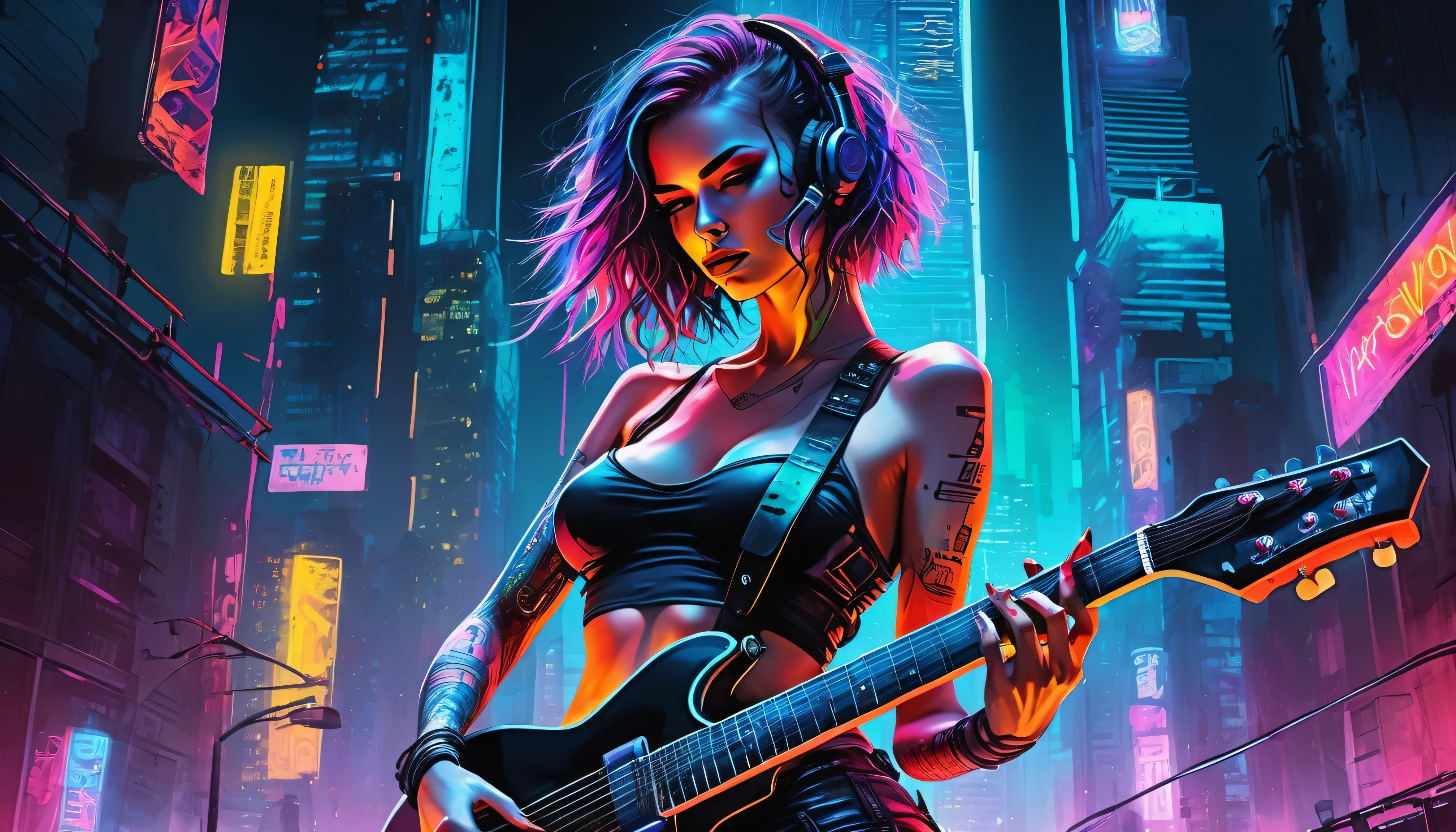 skyscraper night view neon high quality ultra high definition cyberpunk, Watercolor paints, Dangerous girl'position of the center of the entire body'head of, with a guitar,