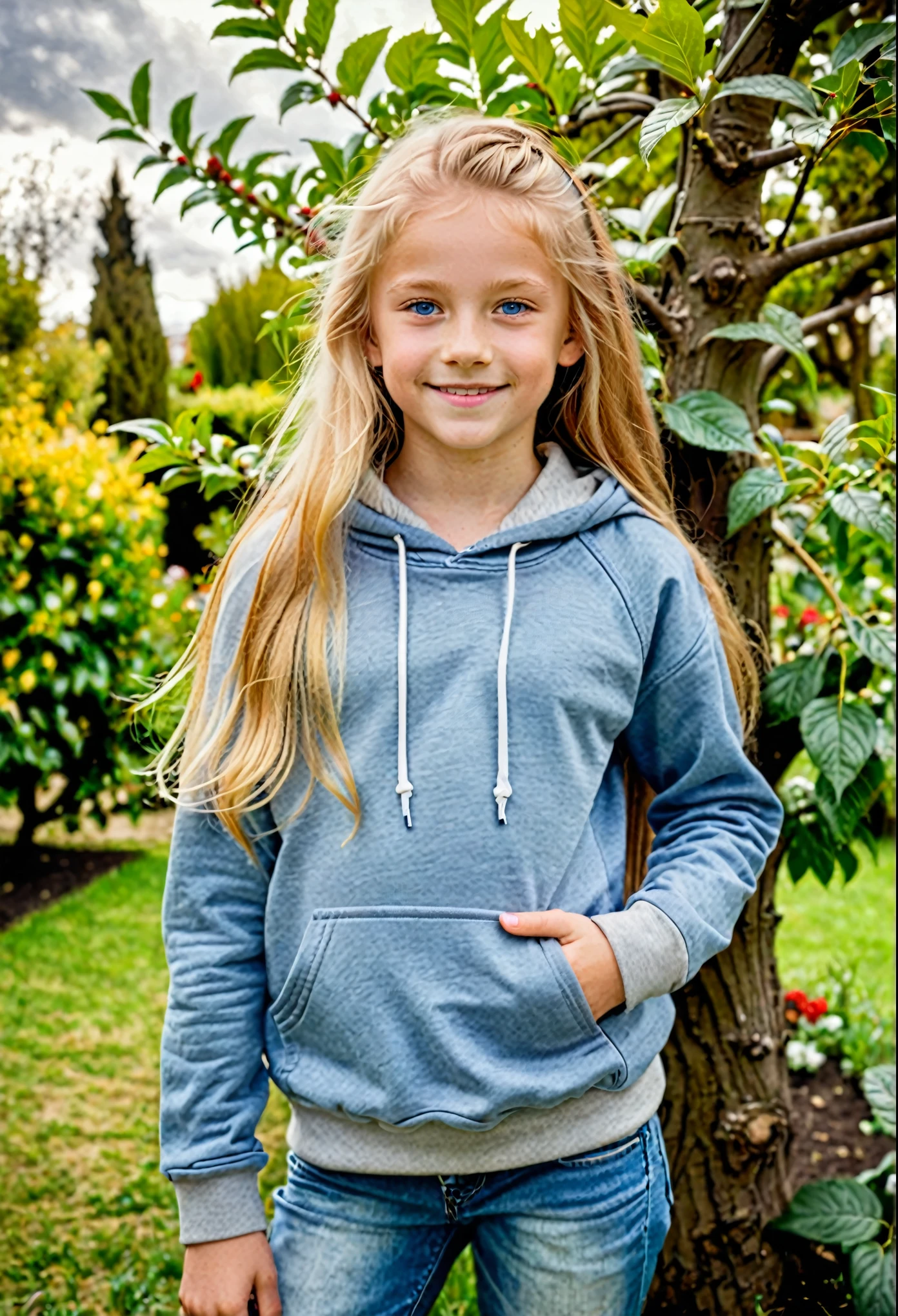 13 years old daughter with long blonde hair with blue eyes and skinny body with natural face. wearing hoodie and jeans standing in a garden under a big tree at a cloudy day. She's smiling