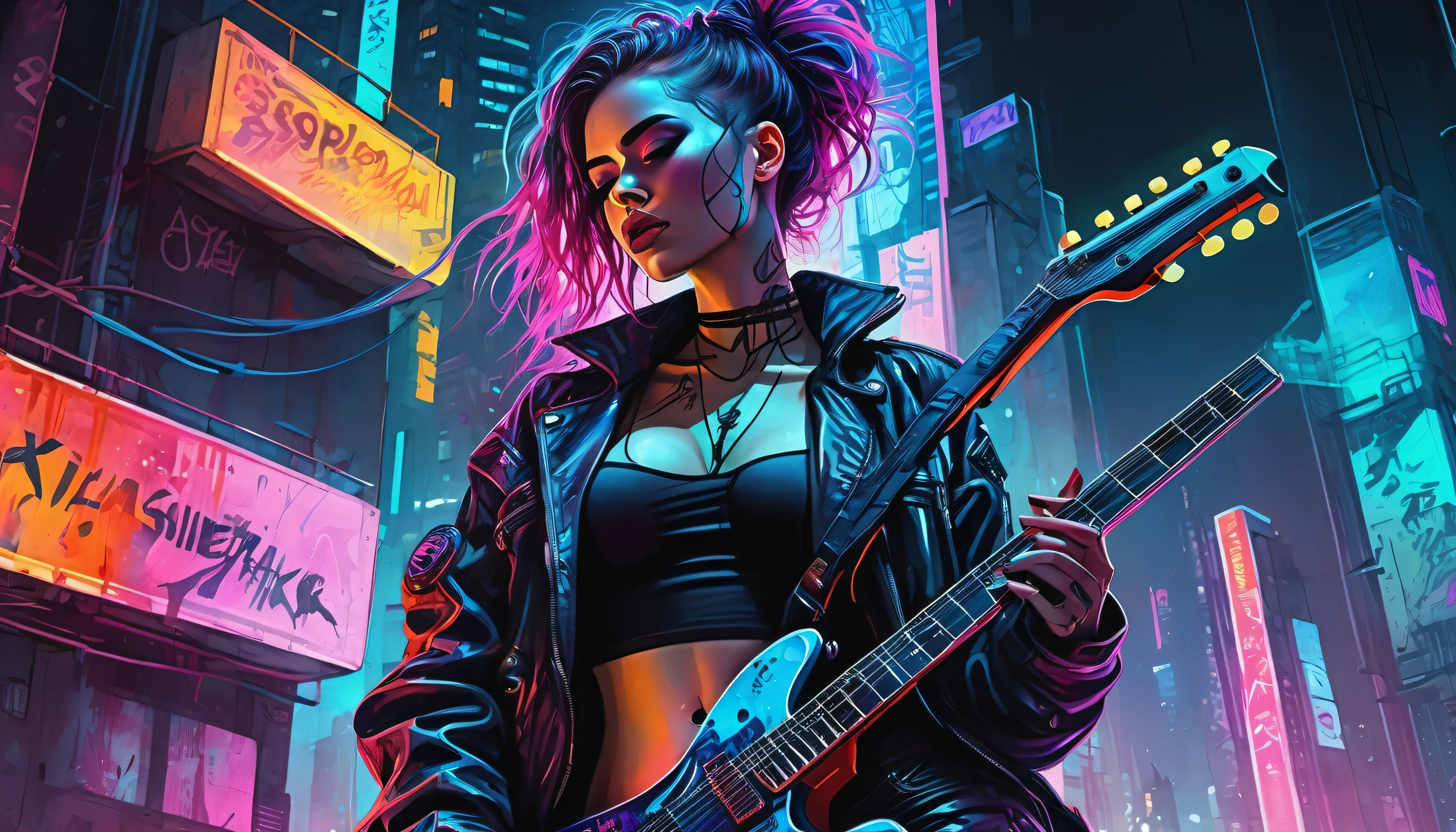 skyscraper night view neon high quality ultra high definition cyberpunk, Watercolor paints, Dangerous girl'position of the center of the entire body'head of, with a guitar,