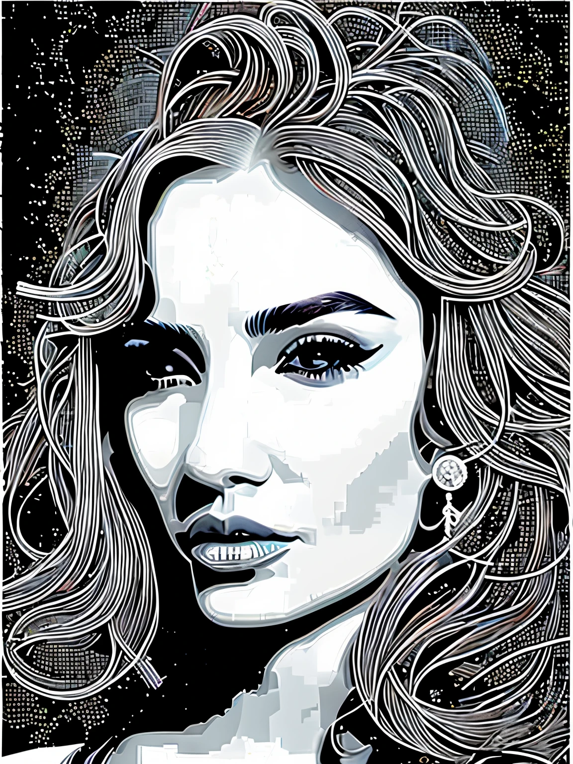 （best quality，4K，masterpiece：1.2），super detailed，Create a three-dimensional pixelated portrait in white，立体pixel art，pixel art，in style of Hippie fashion design, portrait, beautiful detailed，beautiful girl，Australian artist Gil Bruve，black and white