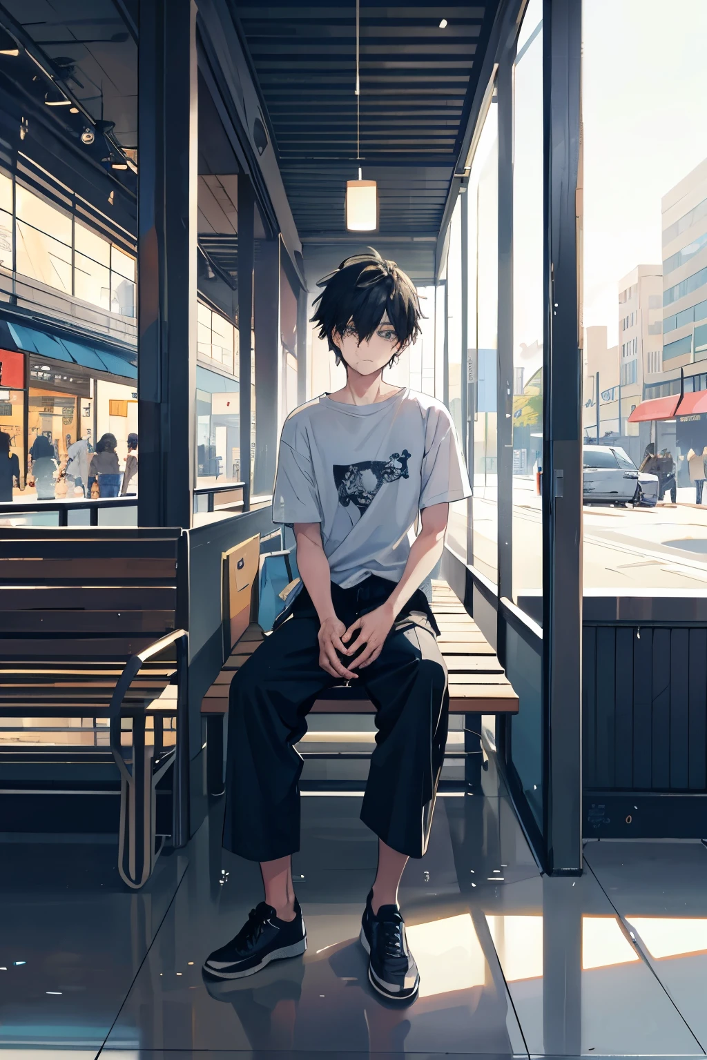 A poor boy, with worn-out shoes and ragged clothes, hesitantly steps inside the bustling Mall. His wide, hopeful eyes take in the dazzling displays of merchandise, as he shiveringly walks past luxurious stores selling expensive items. The warm, artificial glow from the overhead lights casts long, elongated shadows on the cool, tiled floor.
The hustle and bustle of the crowd around him fades into the background as he focuses his gaze on a small, unused bench in a secluded corner. Taking a deep breath, he sits down, his expressions displaying a mix of longing and anticipation.
The Mall, in all its grandeur and op