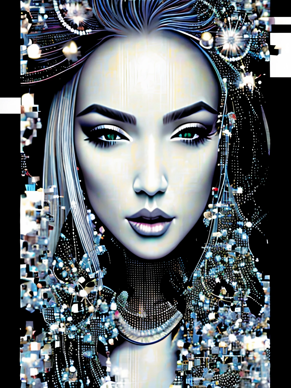 （best quality，4K，masterpiece：1.2），super detailed，Create a three-dimensional pixelated portrait in white，立体pixel art，pixel art，in style of Hippie fashion design, portrait, beautiful detailed，beautiful girl，Australian artist Gil Bruve，black and white