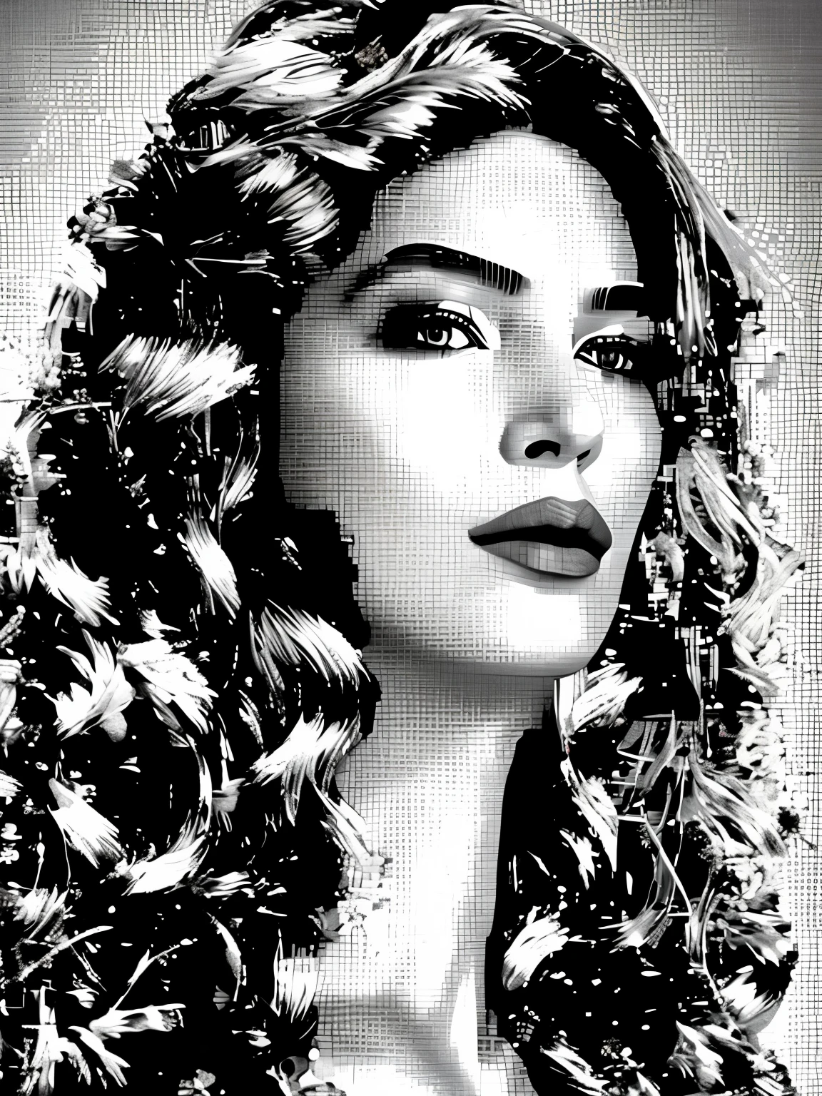 （best quality，4K，masterpiece：1.2），super detailed，Create a three-dimensional pixelated portrait in white，pixel art，in style of Hip Hop fashion design, a dress, full body, beautiful detailed,，beautiful girl，Australian artist Gil Bruve，black and white