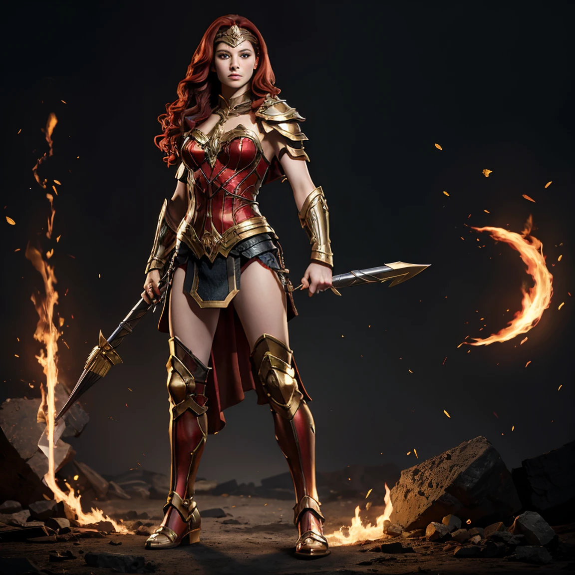 ((Full body photo,standing, feet on the ground)) Wonder Woman A red-haired warrior Woman with yellow eyes wearing black and gold armor