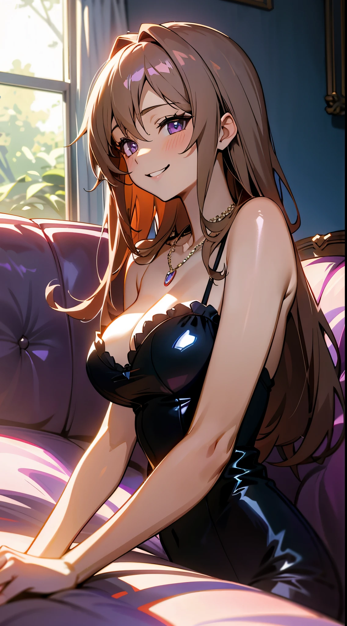 Sexy, anime painting, dynamic angle, Upper body,  From the side, Western-style room, sofa, morning, cute, 1 girl, alone,  美しい light brown hair, beautiful purple beautiful eyes,  long hair,  big and full breasts, necklace, evil smile, Lens flare, shiny, Glossy skin