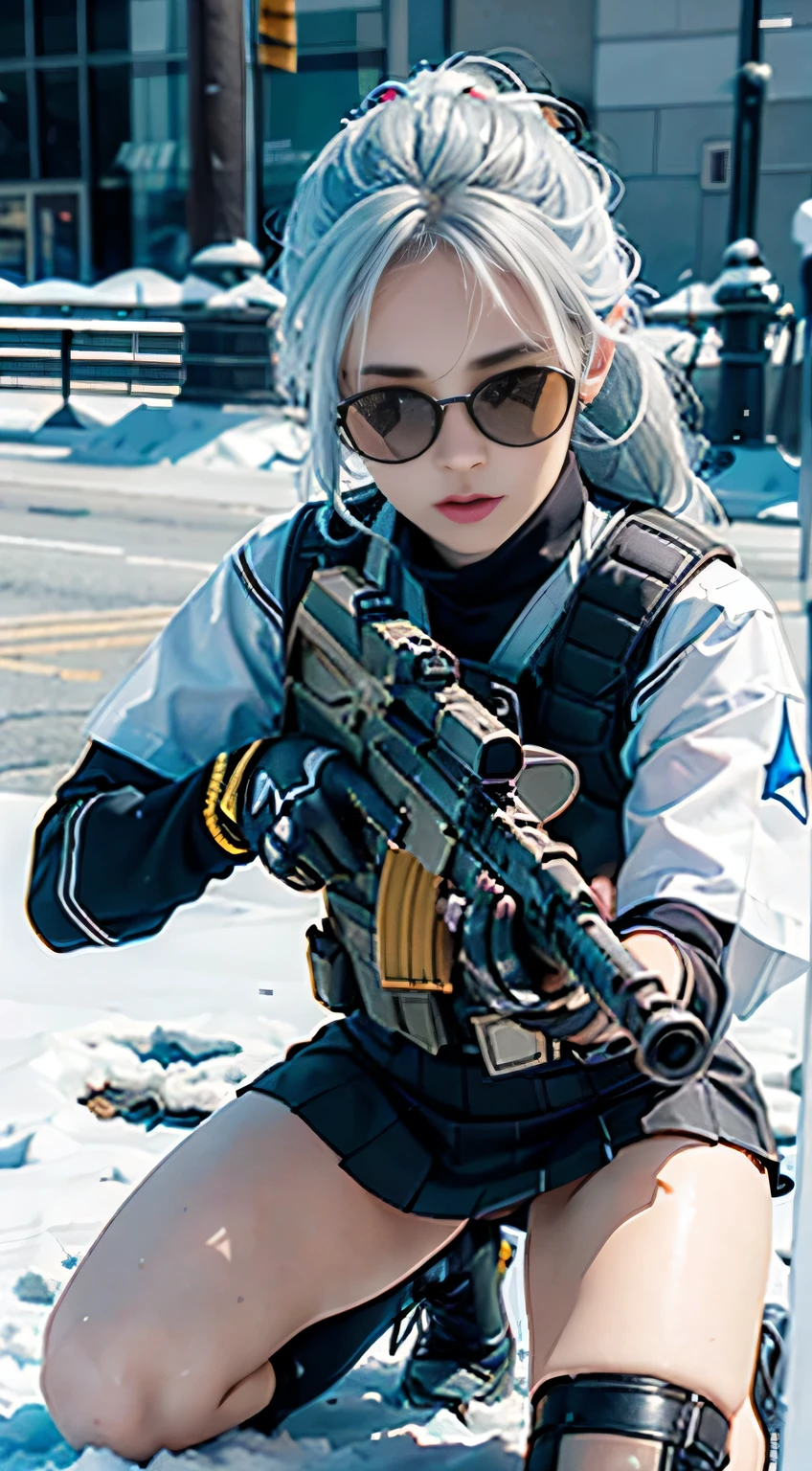 ((Best quality)), (Masterpiece), Photorealistic, Photorealism, 1 girl kneeling and aiming with an AK-47 assault rifle, Mini skirt, (upper legs), Photorealistic, high resolution,Snow background, looking to the camera, (Detailed face), White hair, SWAT vests, Gun, jewelry,Black gloves, sunglasses on head, Fingers are occluded