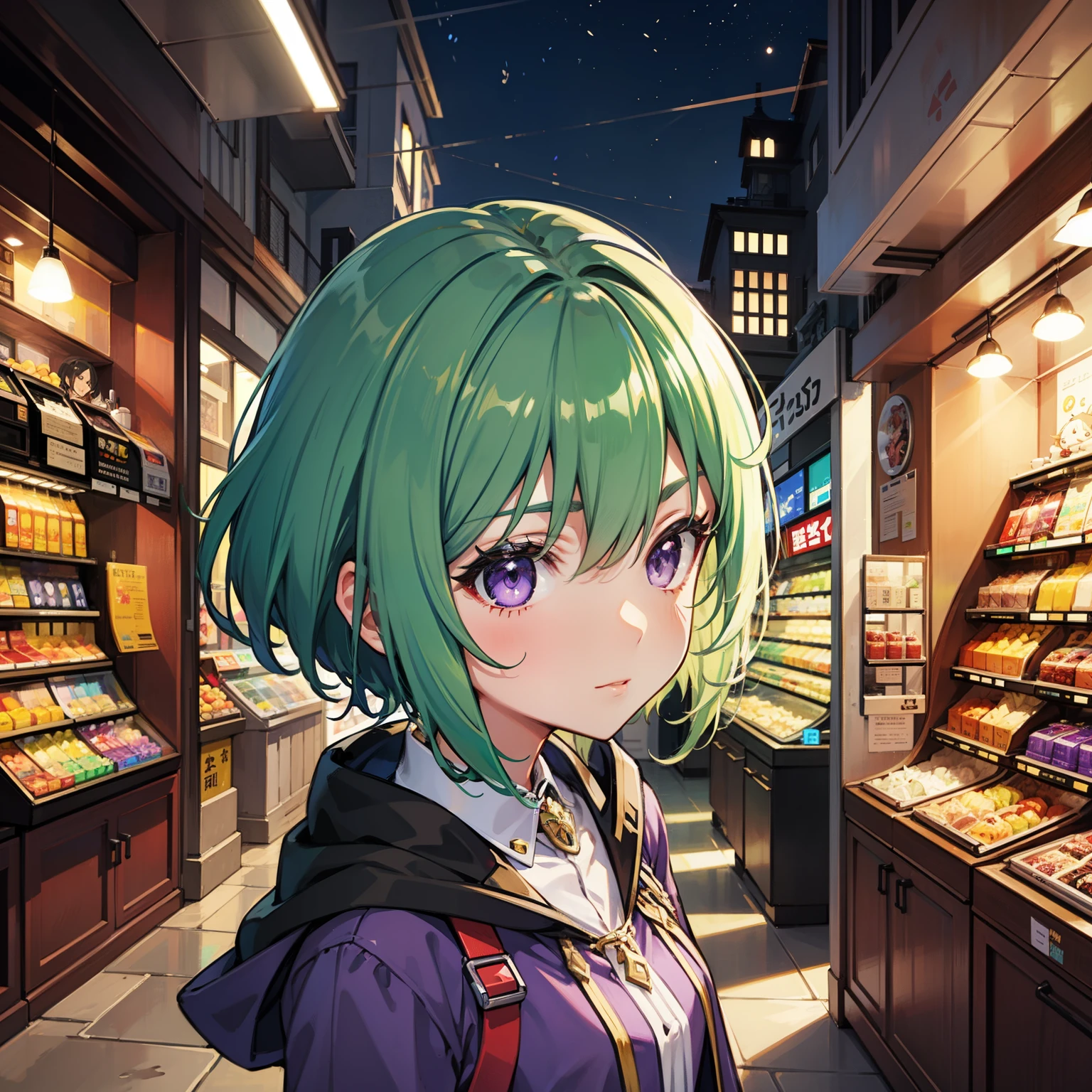 green hair、purple eyes、short hair、mechanical girl、1 girl、anime、elemental gelade
