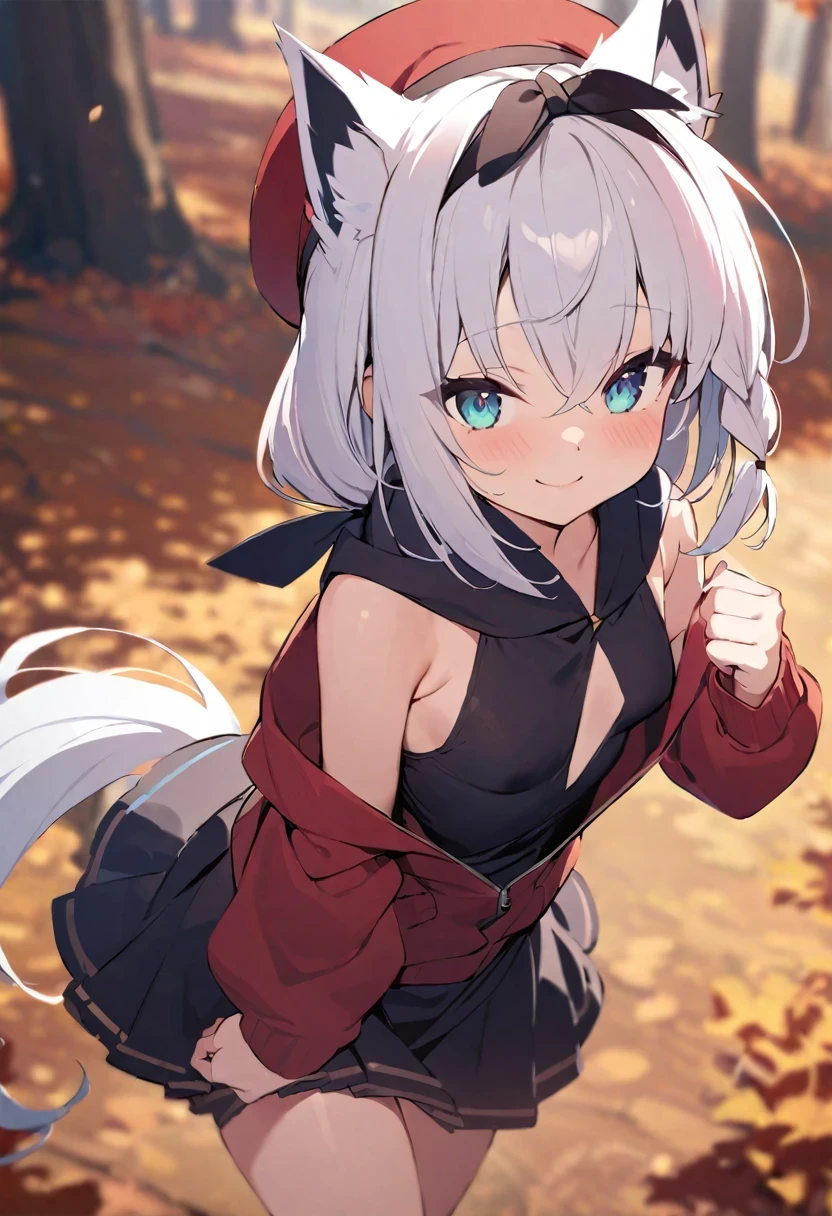 Shirakami Fubuki/(Holo live/),((masterpiece)), Autumnal_forest, 1 girl, small_breast, Red_headgear, Black_skirt, small_Smile