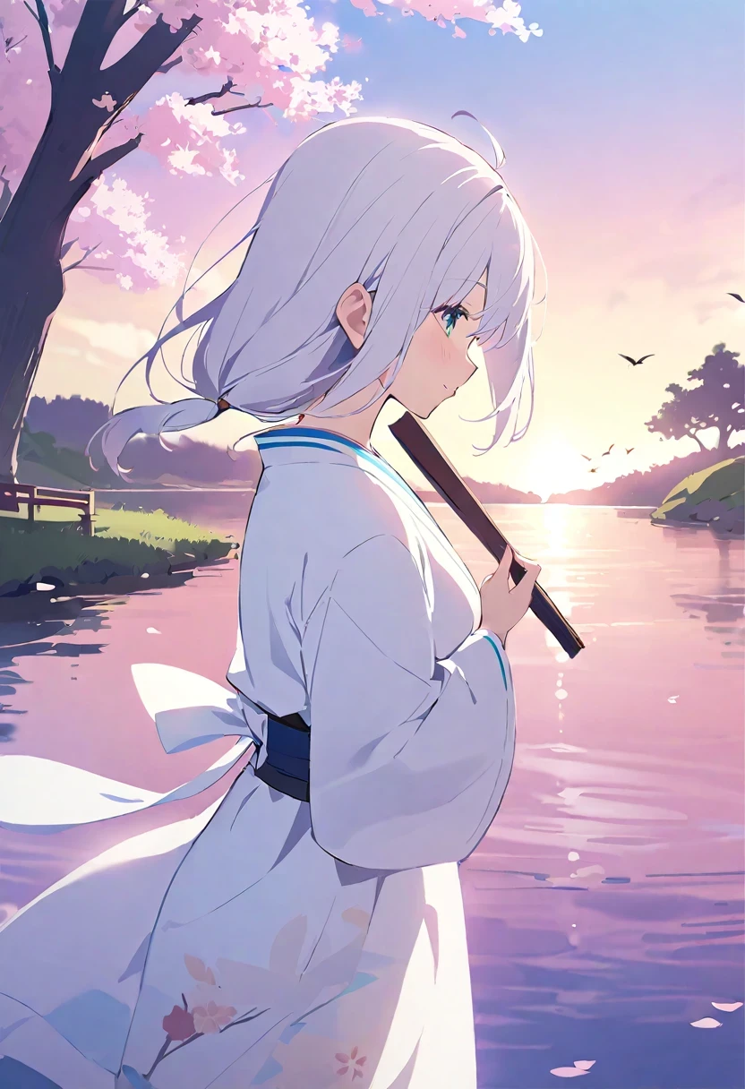 Shirakami Fubuki/(Holo live/),(top quality,ink painting style,Fresh and elegant, clear lake water,cherry blossoms falling at sunset,girl wearing simple white kimono,Holding a folding fan in hand,breeze in the breeze,Tree-lined woods,Cheerful birds singing,poetic scene)