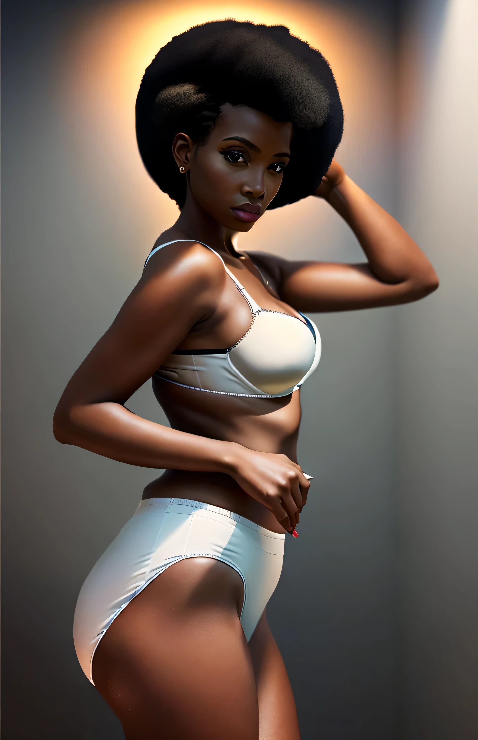 ((((masterpiece, best quality)))), ((33 year old)), (((Curvy))), ((Black woman with black afro)), in ((white bra)), ((white high cut fullback panties)), ((Large Hips)), ((Standing in a cluttered bathroom)), (((realistic art style)))