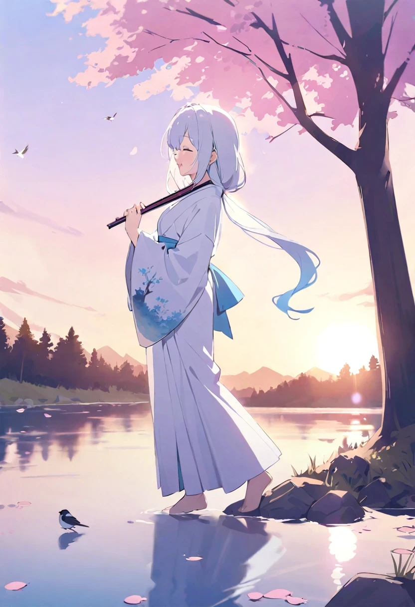 Shirakami Fubuki/(Holo live/),(top quality,ink painting style,Fresh and elegant, clear lake water,cherry blossoms falling at sunset,girl wearing simple white kimono,Holding a folding fan in hand,breeze in the breeze,Tree-lined woods,Cheerful birds singing,poetic scene)