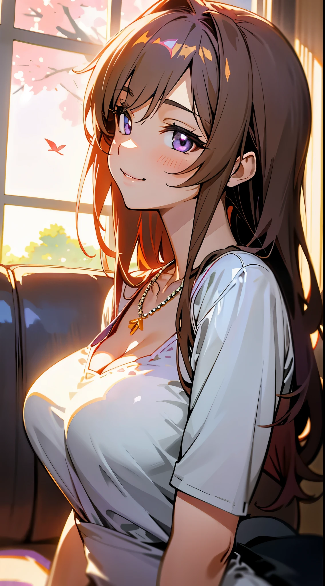 Sexy, anime painting, dynamic angle, Upper body,  From the side, Western-style room, sofa, morning, cute, 1 girl, alone,  美しい light brown hair, beautiful purple beautiful eyes,  long hair,  big and full breasts, necklace, evil smile, Lens flare, shiny, Glossy skin