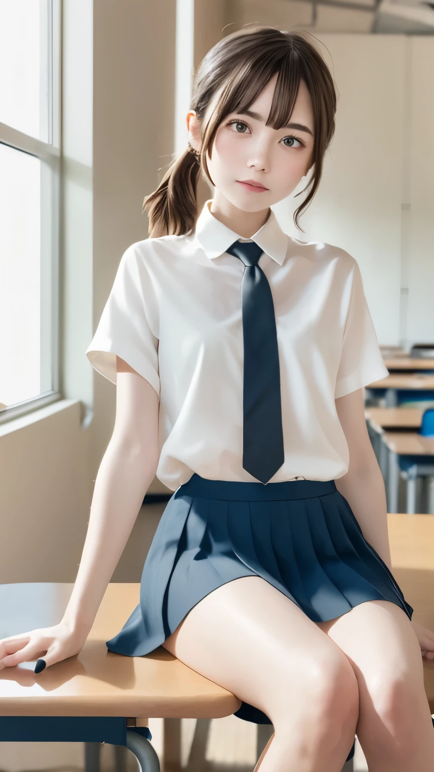 (table top, highest quality:1.2), 8K, 15 years old, 85mm, official art, Raw photo, absurd, white dress shirt, cute face, close, Upper body, viola lace, gardenia, beautiful girl, school uniform, (navy pleated skirt:1.1), Cinch West, thighs, short sleeve, classroom, ponytail、short hair、short hair、sit on a bench seat, looking at the viewer, no makeup, (smile:0.4), film grain, chromatic aberration, sharp focus, face light, clear lighting, teen, detailed face, background bokeh, (dark red tie:1.1)、日本の学校のclassroom、classroom