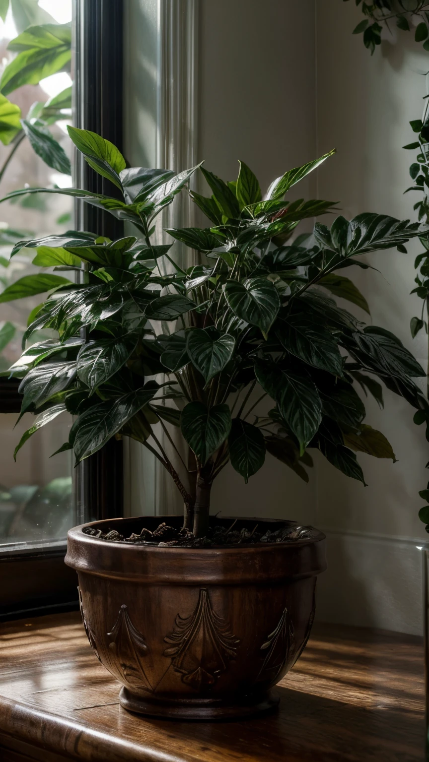 (best quality,masterpiece:1.2,highres,super high resolution,ultra-detailed,realistic,photo-realistic:1.37),Dwarf hemp bush in a kitchen windowsill pot, detailed leaves on the bush, sunlight streaming in the window, vibrant green foliage, rich colors, sharp focus, natural lighting, high contrast, realistic textures, detailed soil in the pot, intricate patterns on the leaves, fine veins on the leaves, realistic shadows, lifelike plant, studio lighting, bokeh